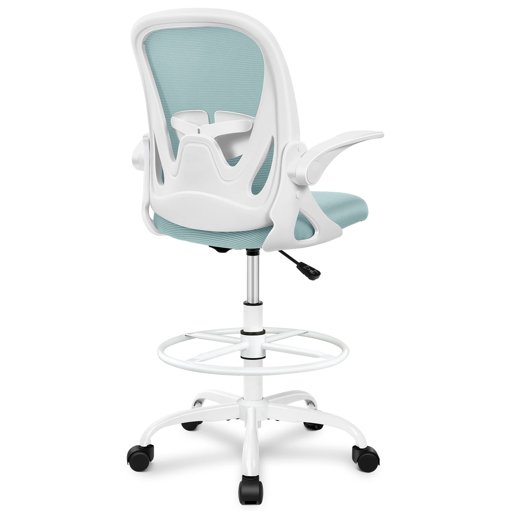Drafting Chair Tall Office Chair with Flip-up Armrests Executive Ergonomic Computer Standing Desk Chair with Lumbar Support and Adjustable Footrest Ring（Light Blue）