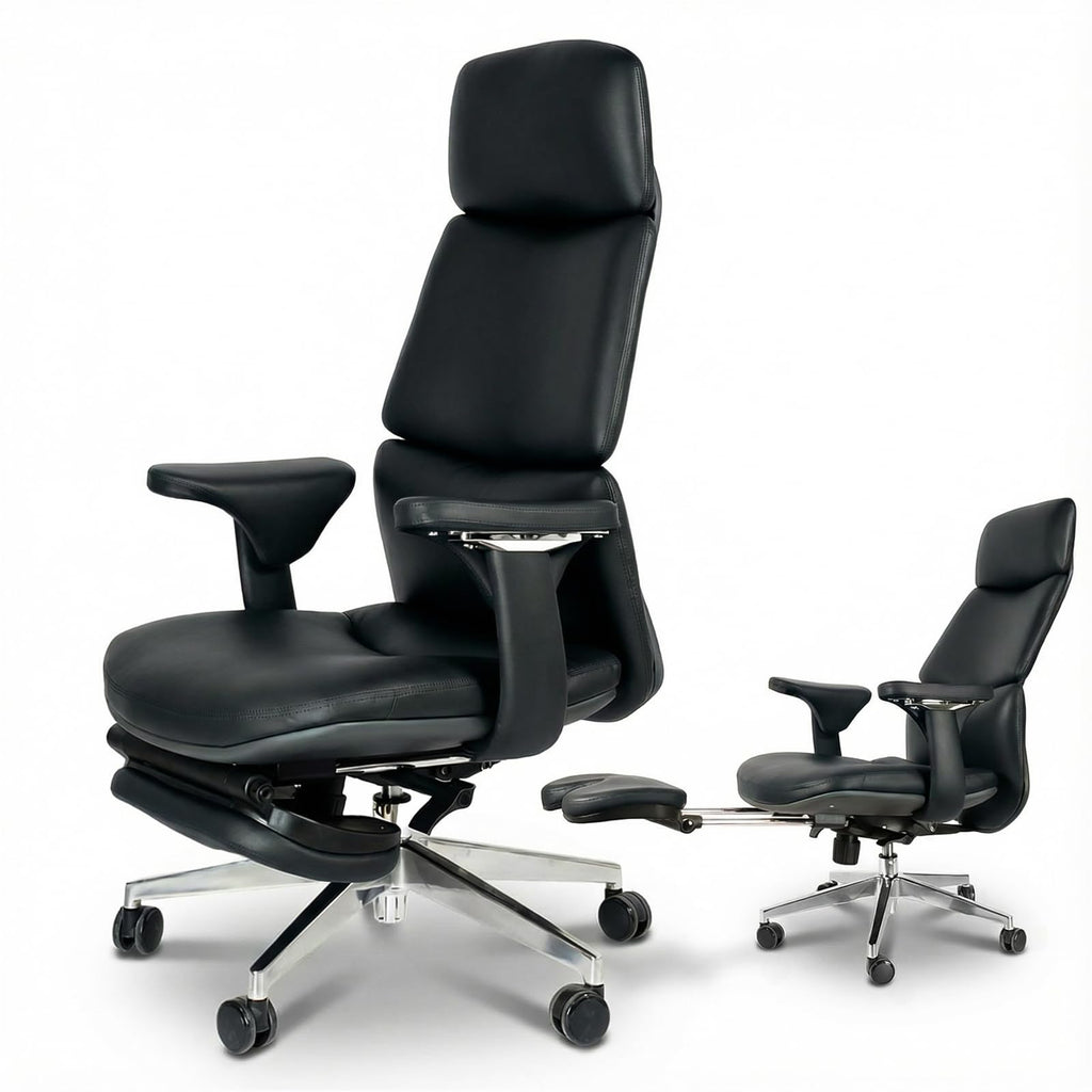 Genuine Leather Office Chair with Flexible Footrest, High Back Executive Office Chair with Lumbar Support, Adjustable Tilt Mechanism, Weight Capacity 400 lbs (Black)