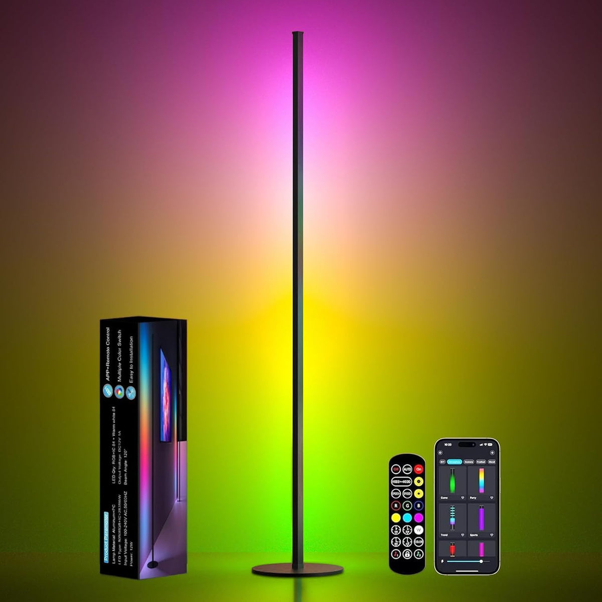 Corner Floor Lamp, 55" LED Corner Lamp, APP and Remote Control, 16 Million Colors and Warm White, Music Sync, Timing Function, Color Changing Ambient Light for Living Room Bedroom Gaming