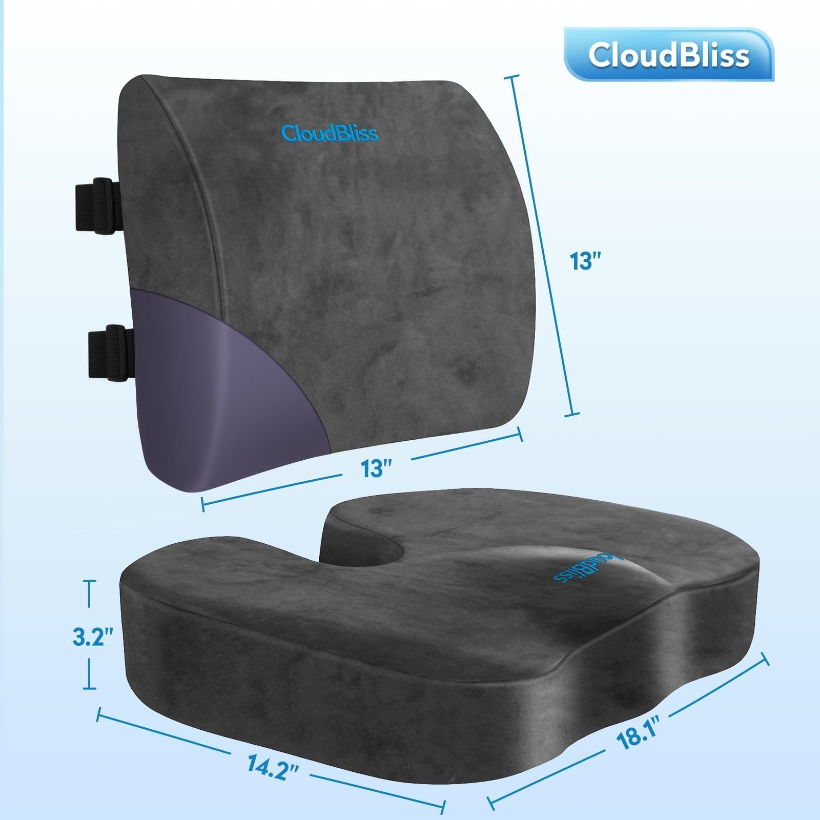 Lumbar Support Pillow & Seat Cushion Set for Office Chair, Desk Chair, Wheelchair & Car – Memory Foam Back Support, Ergonomic Chair Cushions, Sciatica Pain Relief, Home Essentials, Grey