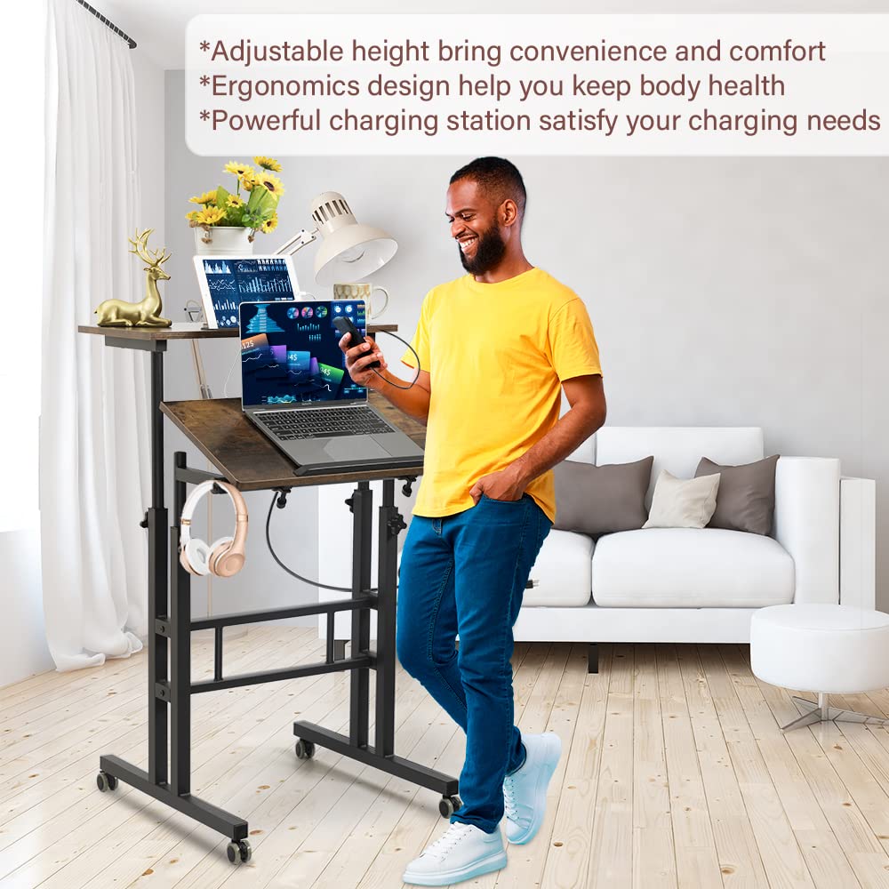 Mobile Standing Desk with Wheels, Rolling Desk Adjustable Height, Portable Laptop Table with Charging Station, Sit Stand up for Home Office, Study, Classroom, Rustic Brown