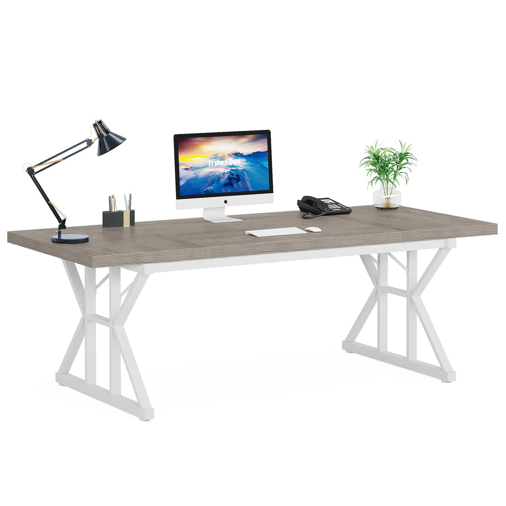 70.8-Inch Executive Desk, Large Computer Office Desk Workstation, Modern Simple Style Laptop Desk Study Writing Table Business Furniture for Home Office (Grey/White, 70.8 Inch)