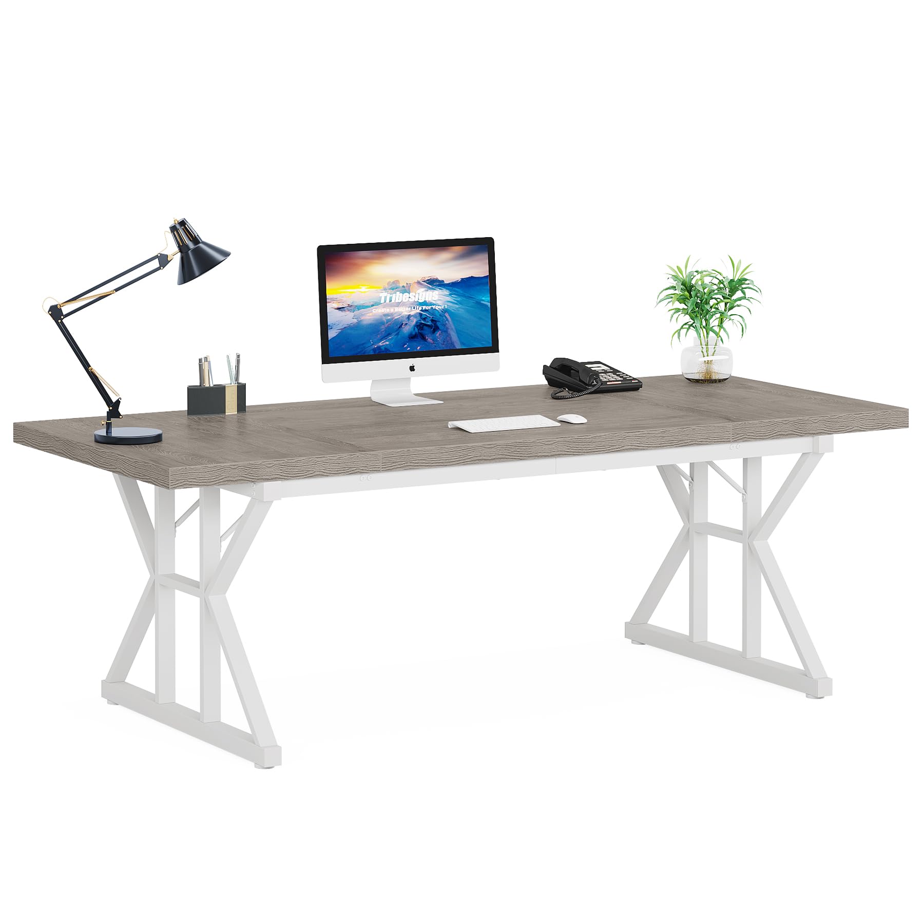 70.8-Inch Executive Desk, Large Computer Office Desk Workstation, Modern Simple Style Laptop Desk Study Writing Table Business Furniture for Home Office (Grey/White, 70.8 Inch)