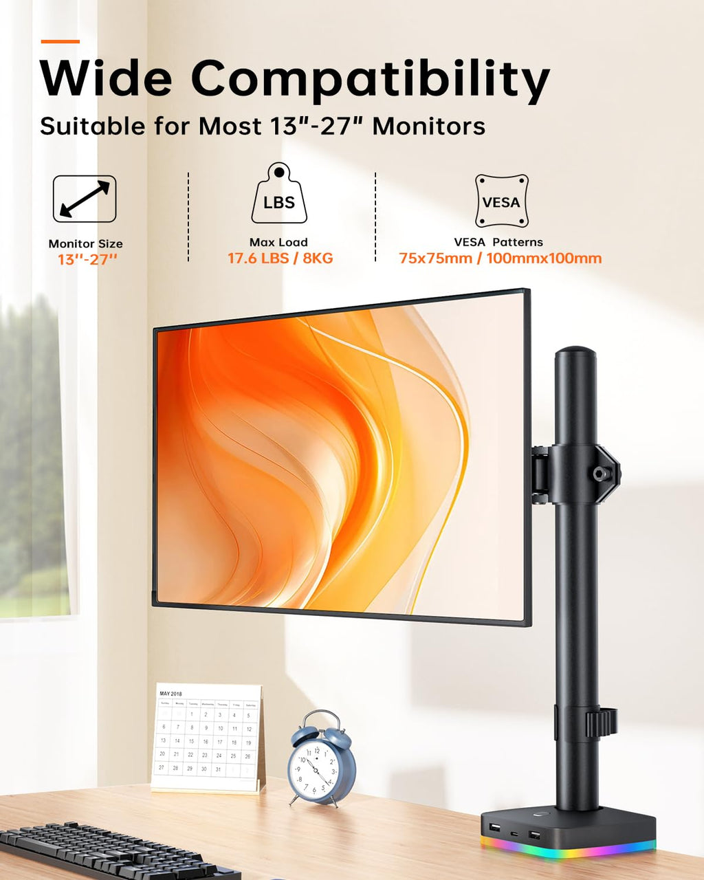 Single Monitor Desk Mount, Monitor Arm with 3 USB Ports, Charging and USB Data Transfer Function, Desk Mount for 13"-27" Monitors up to 17.6lbs, Adjustable Height, Tilt, Swivel, Rotate