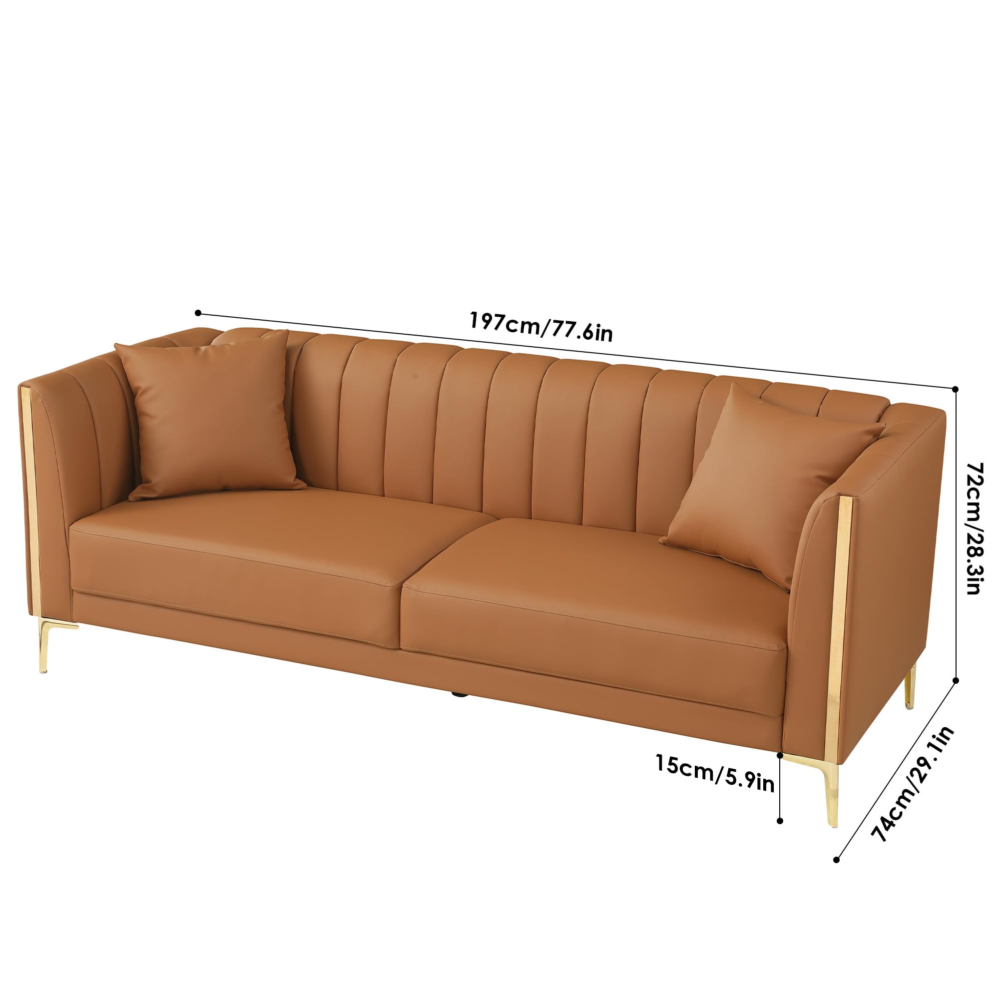 Leather Couch Sofa, Office Couches 78'' Apartment Faux Leather Sofa with 2 Throw Pillows & Gold Metal Legs, Waterproof 3 Seater Couches for Small Living Room, Affordable Luxury Design