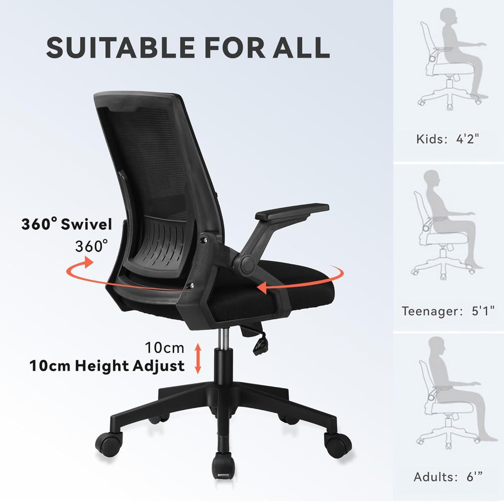 Office Chair with Flip-up Armrests Ergonomic Computer Desk Chair with Adaptive Lumbar Support & Breathable Mesh, Black, Pack of 2