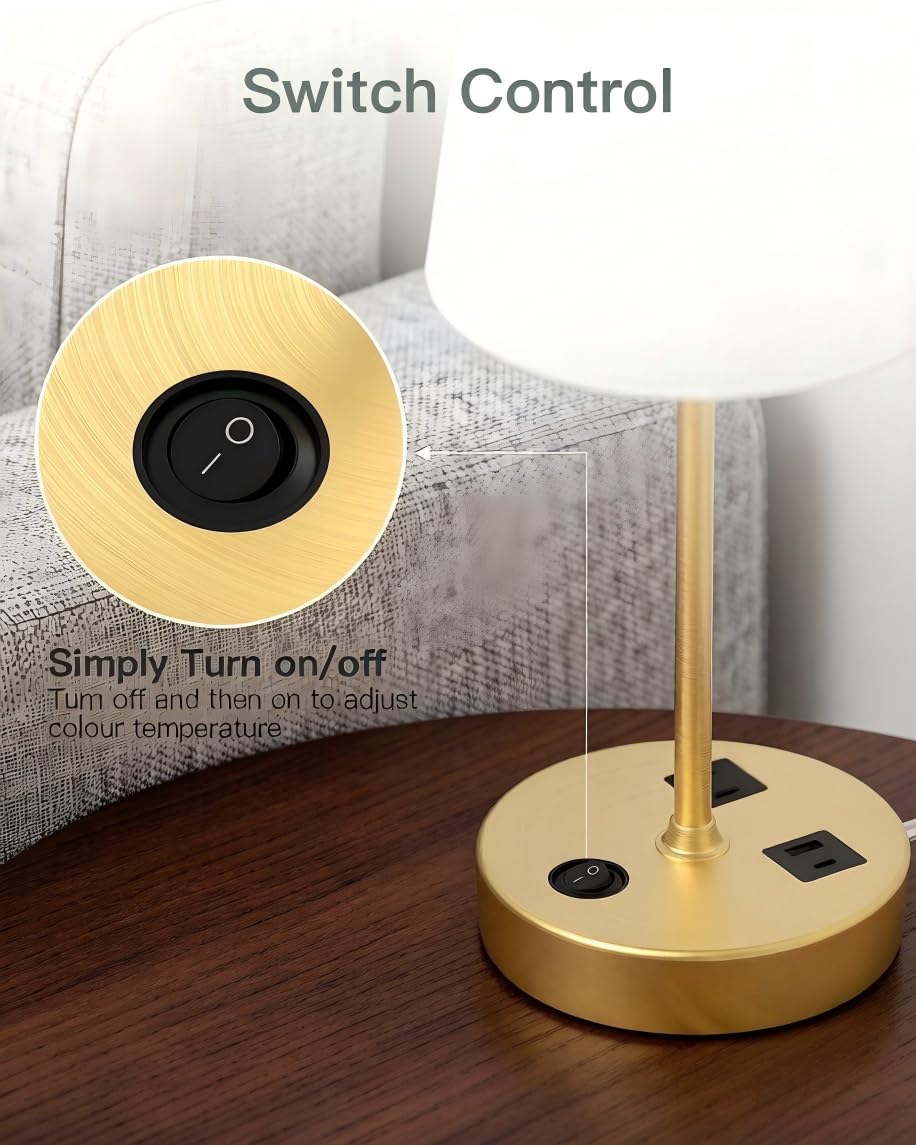 Bedroom Table Lamp, Bedside Lamp with AC Outlet and USB C Charging Ports(PD 20W), 3-Way Dimmable Lamp with Switch, Lamps with Shade for Night Stands, Living Room, Desk, and Home Office, 6.5Ft