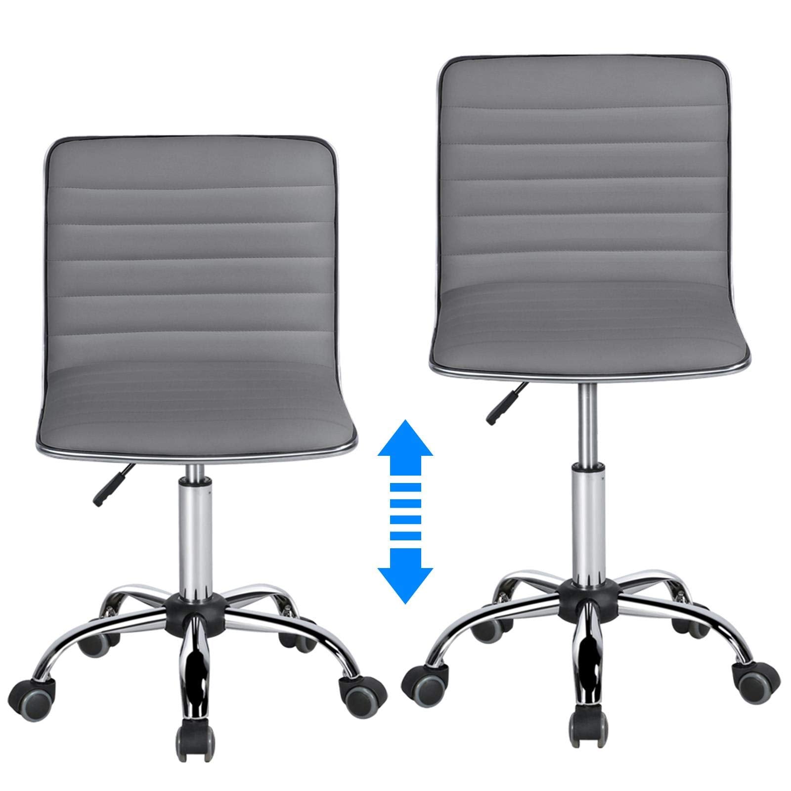 PU Leather Ribbed Armless Task Office Chair, Adjustable Low Back Executive Chair with Wheels Gray
