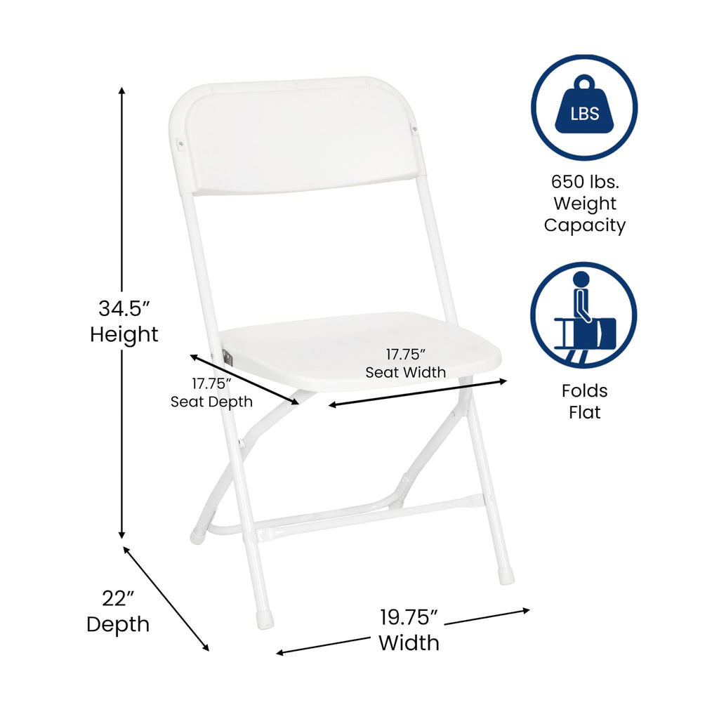 Set of 4, Hercules Series Big & Tall Stackable Plastic Folding Chairs, Extra Wide Commercial Event Seats,  White