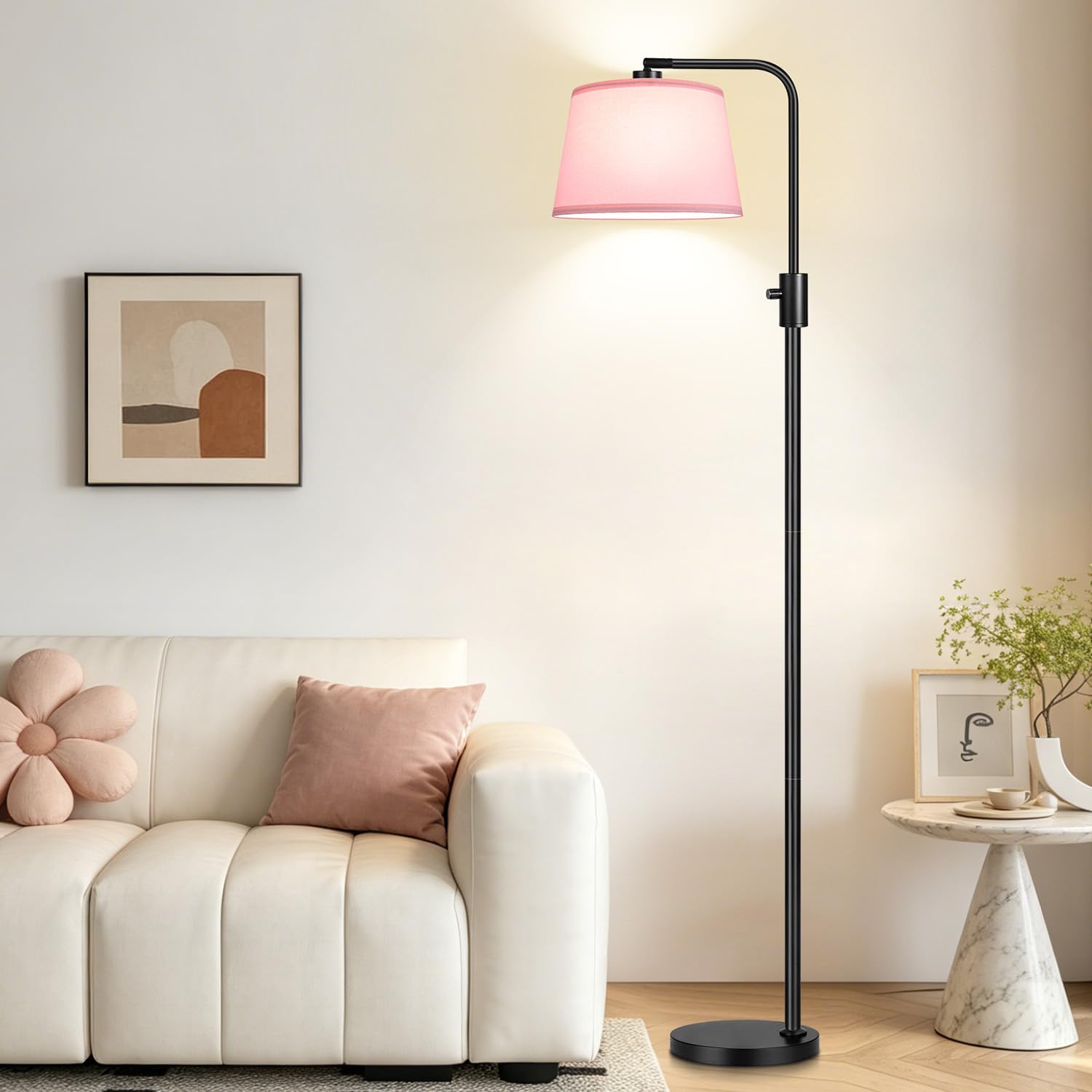 Floor Lamp, 1000 Lumens LED Edison Bulb Included, Arc Black Floor Lamps for Living Room Modern Standing Lamp with Pink Shade, Tall Lamps for Living Room Bedroom Office Dining Room