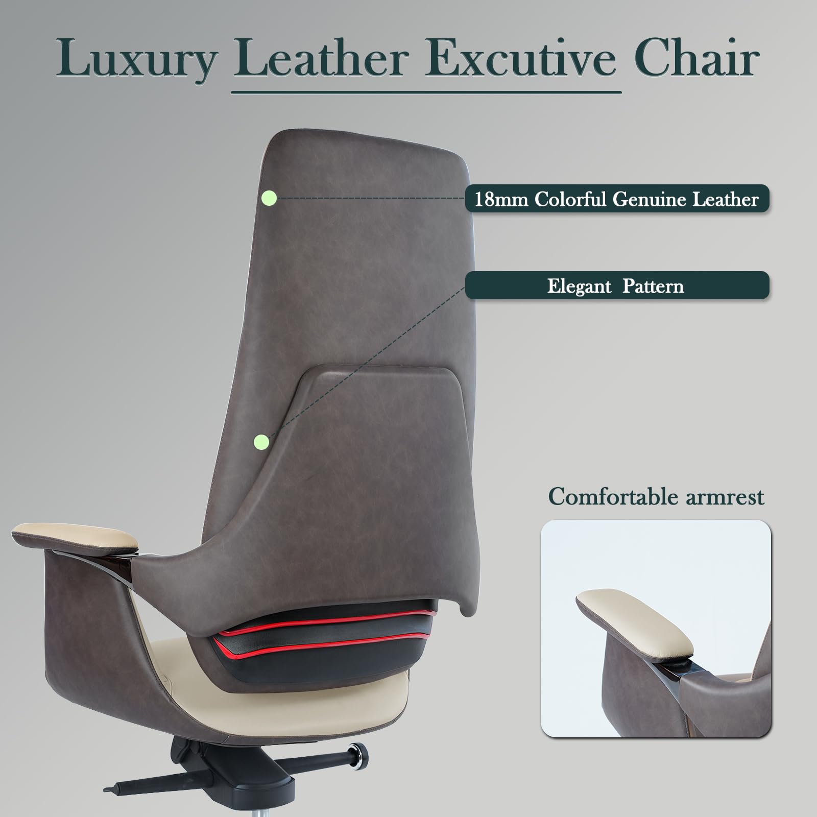Genuine Leather Executive Chair, Top Grain Ergonomic High Back Office Chair with Lumbar Support, Height Adjustable 400lbs Weight Capacity Metal Base with 360° Flexible Wheels (White)