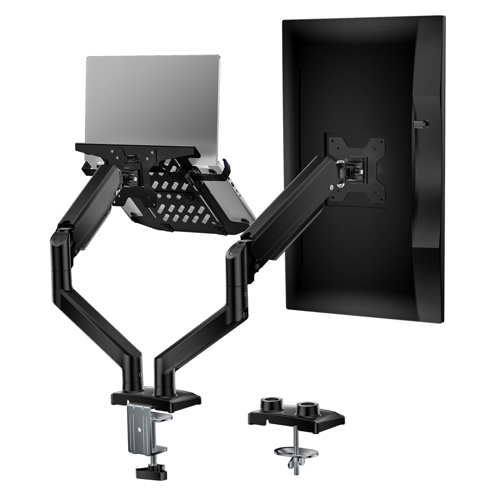 Laptop Desk Mount, Dual Monitor Arm with Laptop Holder, Adjustable Height Laptop Arm Mount for Desk, Fits 17” Notebook and 32” Monitors, Up to 22Lbs, Black