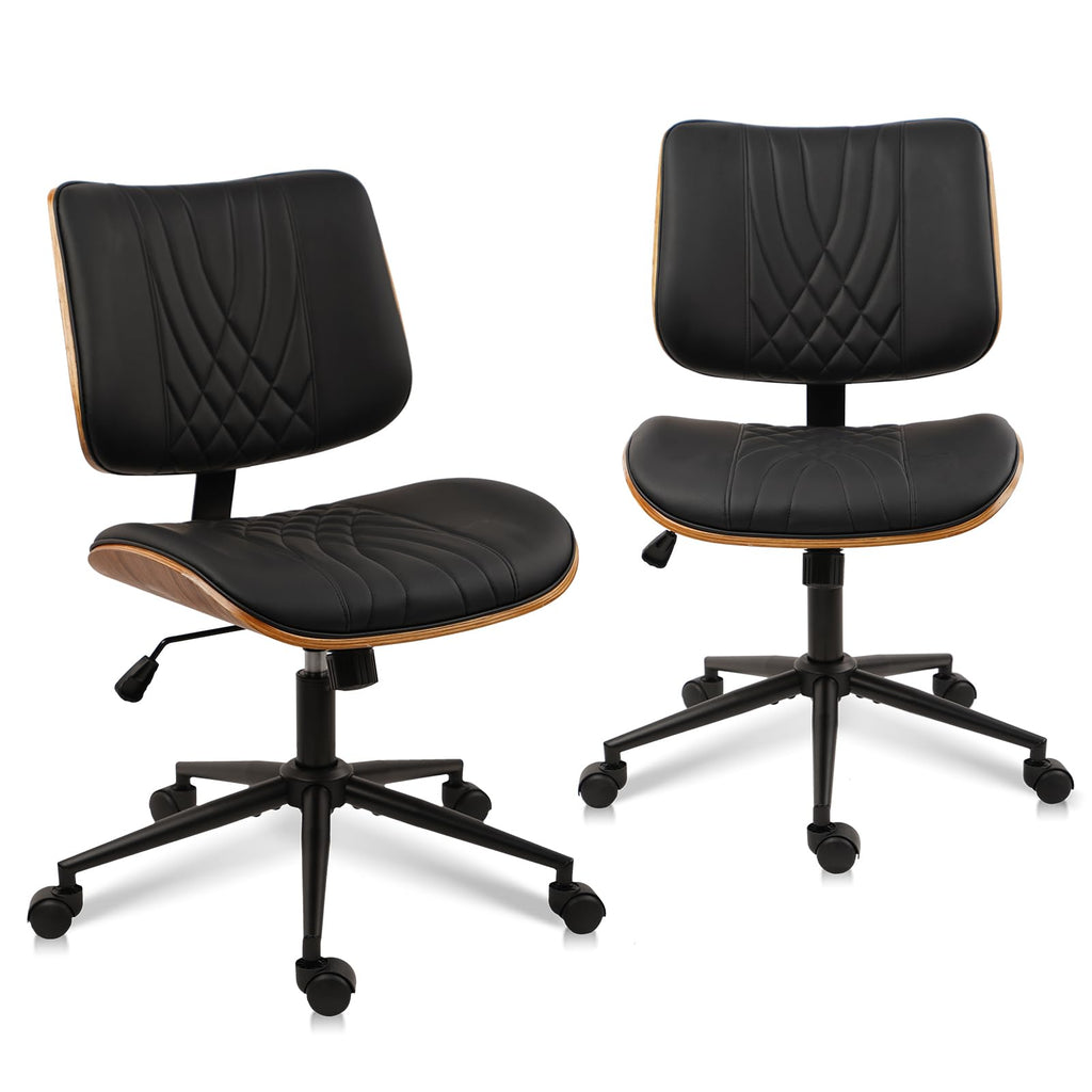 Armless Home Office Chair, Desk Chair with Wheels, Adjustable Height Reading Chair, Leather Mid Back & Swivel Computer Chair, Modern Walnut Chairs with Back for Study Meeting Room(Black) 2Pack