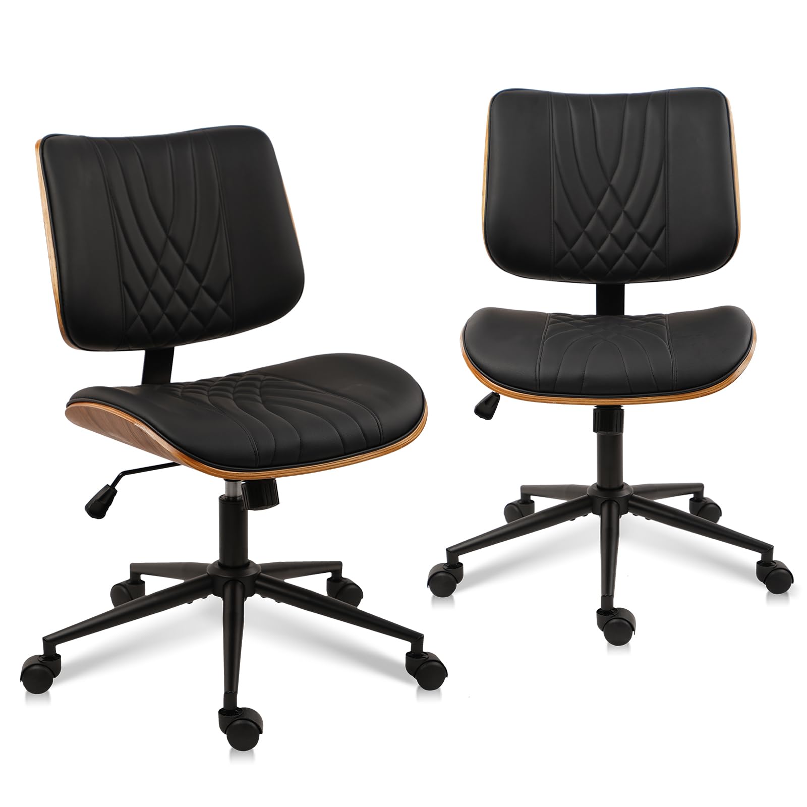 Armless Home Office Chair, Desk Chair with Wheels, Adjustable Height Reading Chair, Leather Mid Back & Swivel Computer Chair, Modern Walnut Chairs with Back for Study Meeting Room(Black) 2Pack
