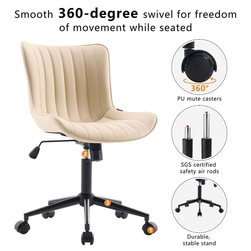 Ergonomic Home Office Desk Chair with Wheels Comfy Armless Vanity Chair with Adjustable Back Modern Leather Upholstered Swivel Computer Chair Small Rolling Task Chair  Beige