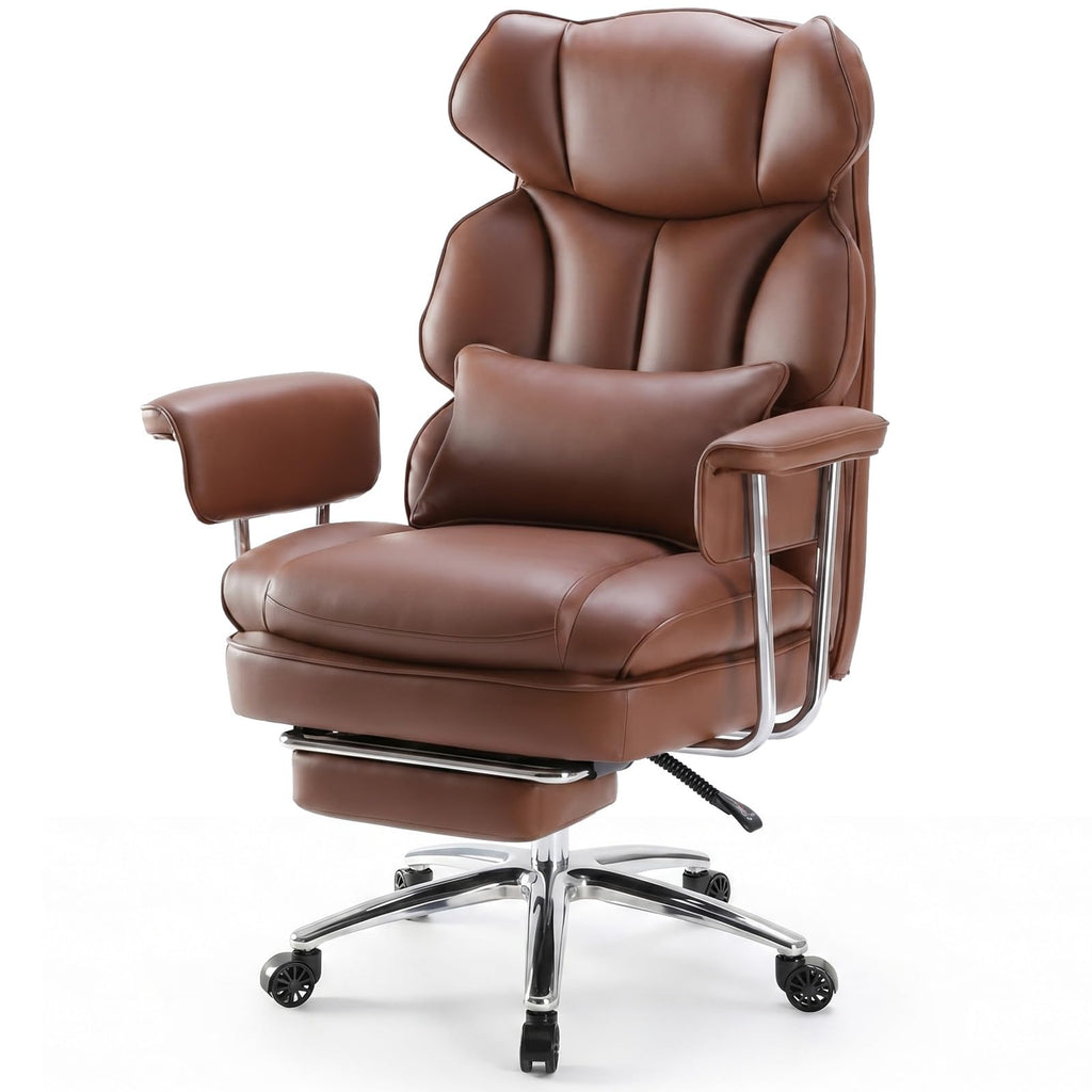 Home Office Desk Chair Comfy with Foot Rest, PU Leather Ergonomic Big and Tall High Back Support, 360° Swivel Wheels, Armrests and Detachable Pillow, Height Adjustable, Brown