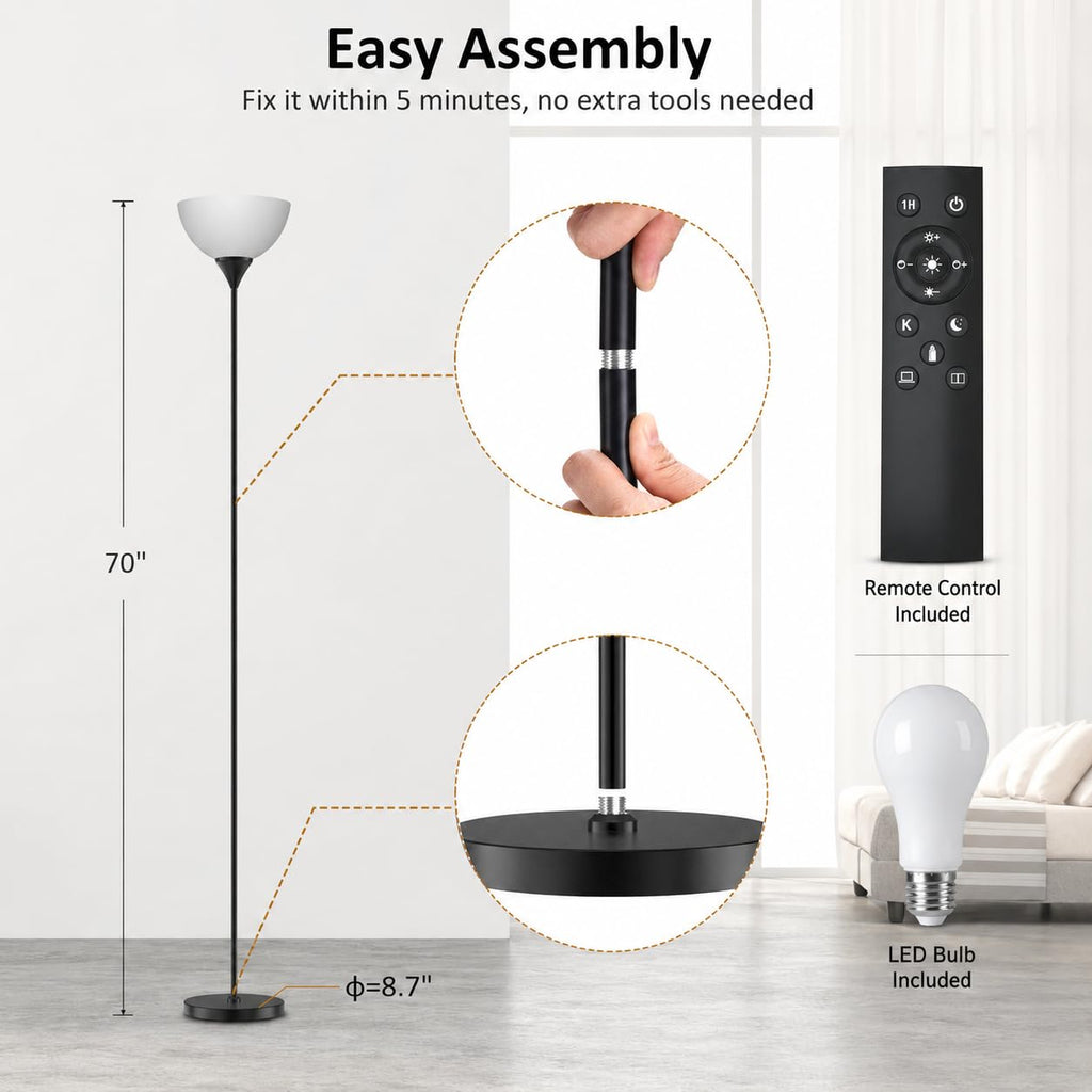 Floor Lamp, Remote Control with Stpeless Color Temperatures and Brightness, Torchiere lamp for Bedroom, Living Room, Bulb Included (Matte Black)
