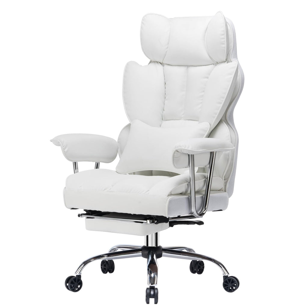 Big and Tall Office Chair 400lbs – High Back Executive Chair with Swivel Base, PU Leather Upholstery, Lumbar Pillow, Padded Armrests, and Rolling Wheels，White Computer Chair