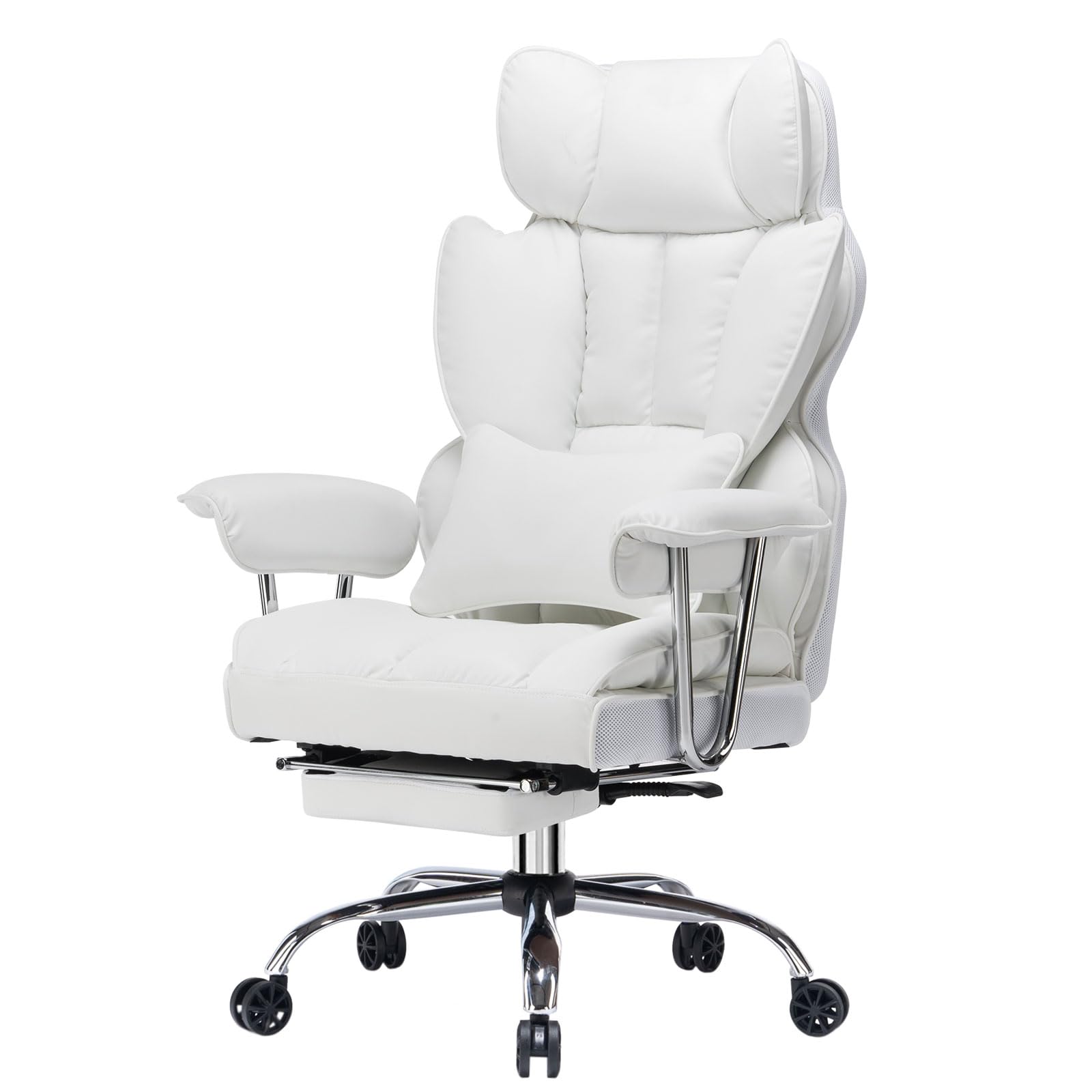 Big and Tall Office Chair 400lbs – High Back Executive Chair with Swivel Base, PU Leather Upholstery, Lumbar Pillow, Padded Armrests, and Rolling Wheels，White Computer Chair