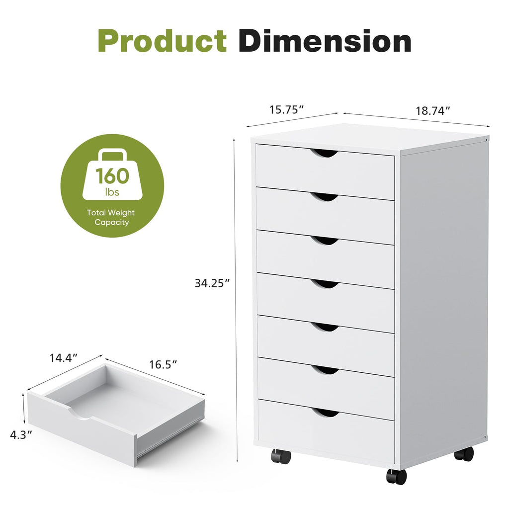 7 Drawer Rolling Storage Cabinet, Wood Under Desk Mobile Dresser with Wheels, Small Organizer Chest for Home Office, Bedroom, Living Room, Compact Vertical Storage Furniture Unit, White