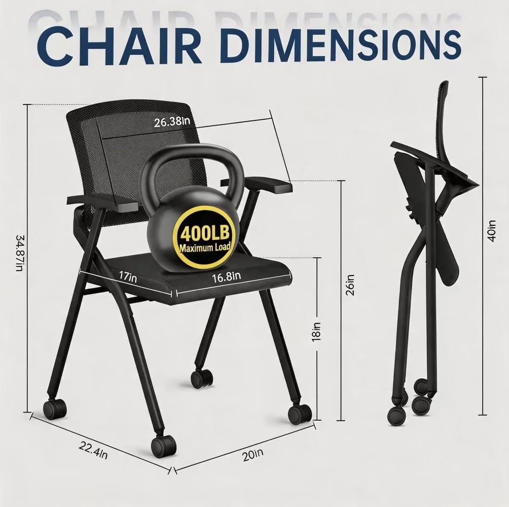 50 pk, Folding Office Chair with Wheels - Mobile Mesh Back Conference Room Chair with Padded Seat, Foldable & Stackable for Meeting Room, Training, Seminar,Classroom School & Office - Black