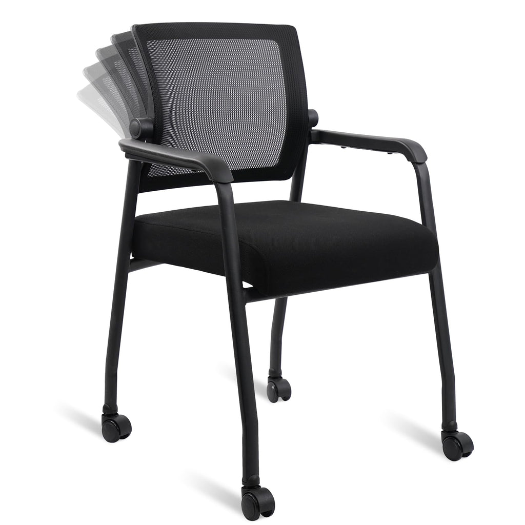 Waiting Room Chairs with Wheels, Adjustable Mesh Backrest, Desk Chair with Ergonomic Lumbar Support and Thickened Seats Cushion, Black