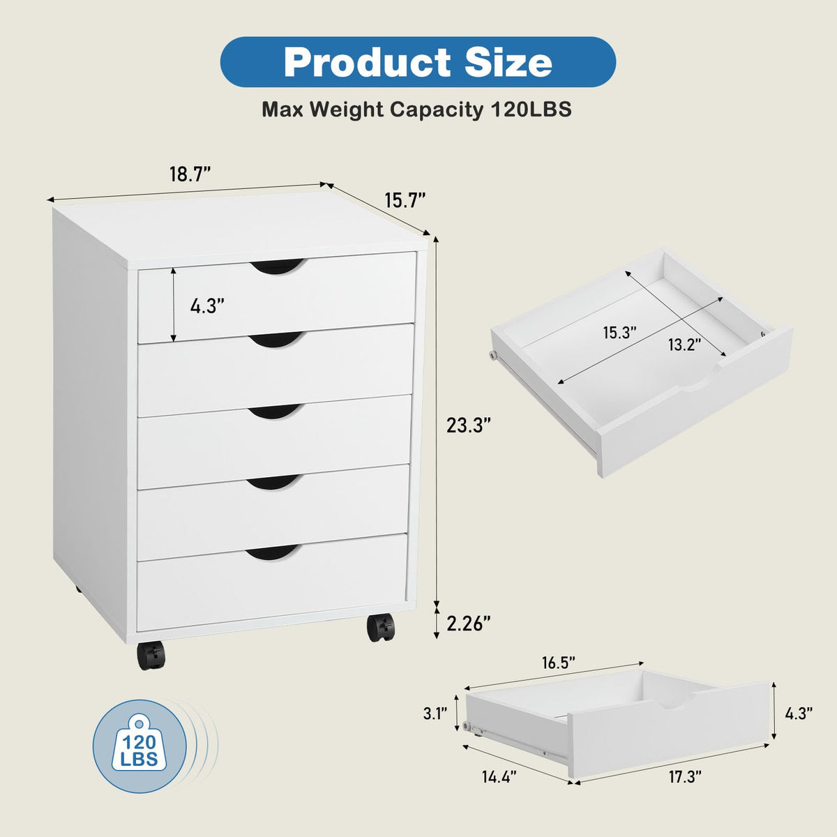 5 Drawer File Cabinet on Wheels, Printer Stand