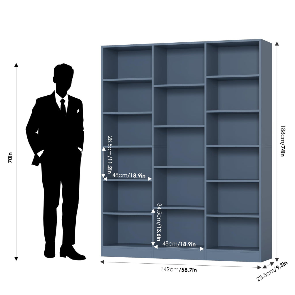 Triple Wide Bookshelf, Large Bookshelf with 17 Display Shelves