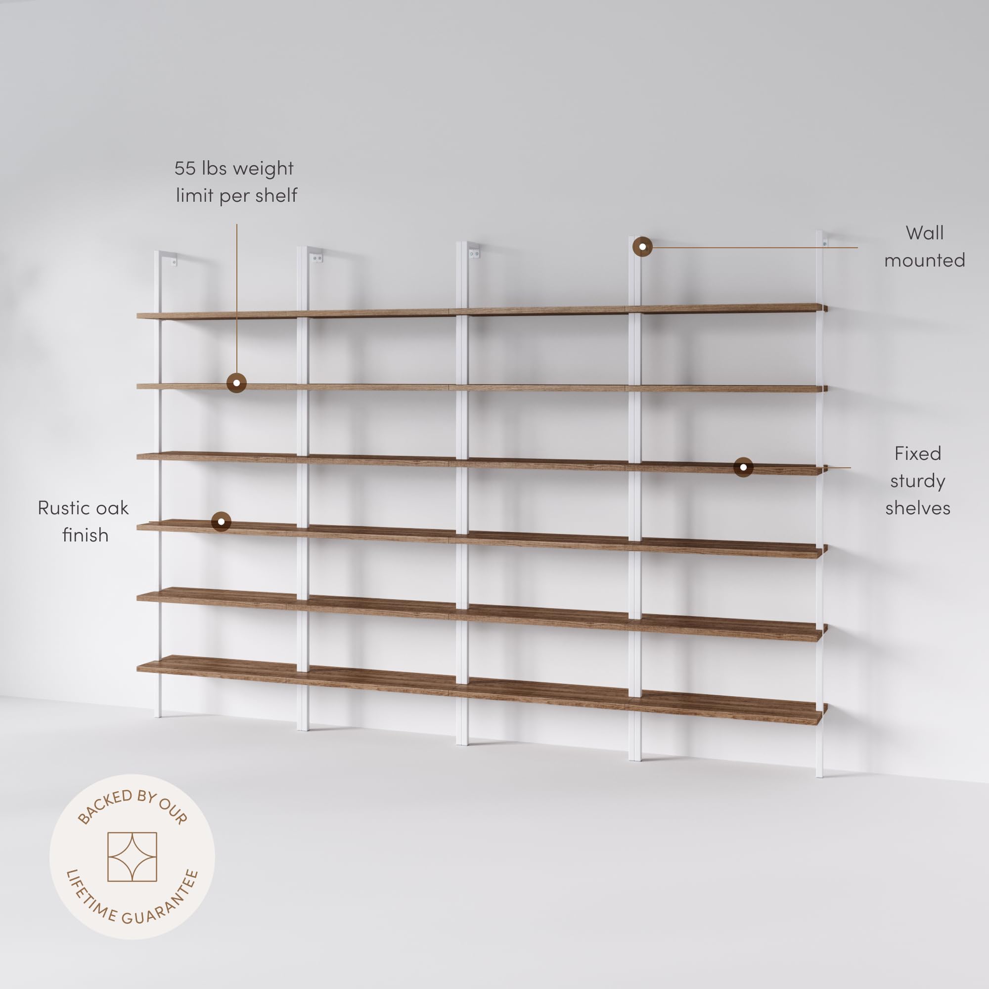 Set of 4, 6-Shelf Tall Bookcase, Wall Mount Bookshelf with Natural Wood Finish and Industrial Metal Frame, Rustic Oak/White