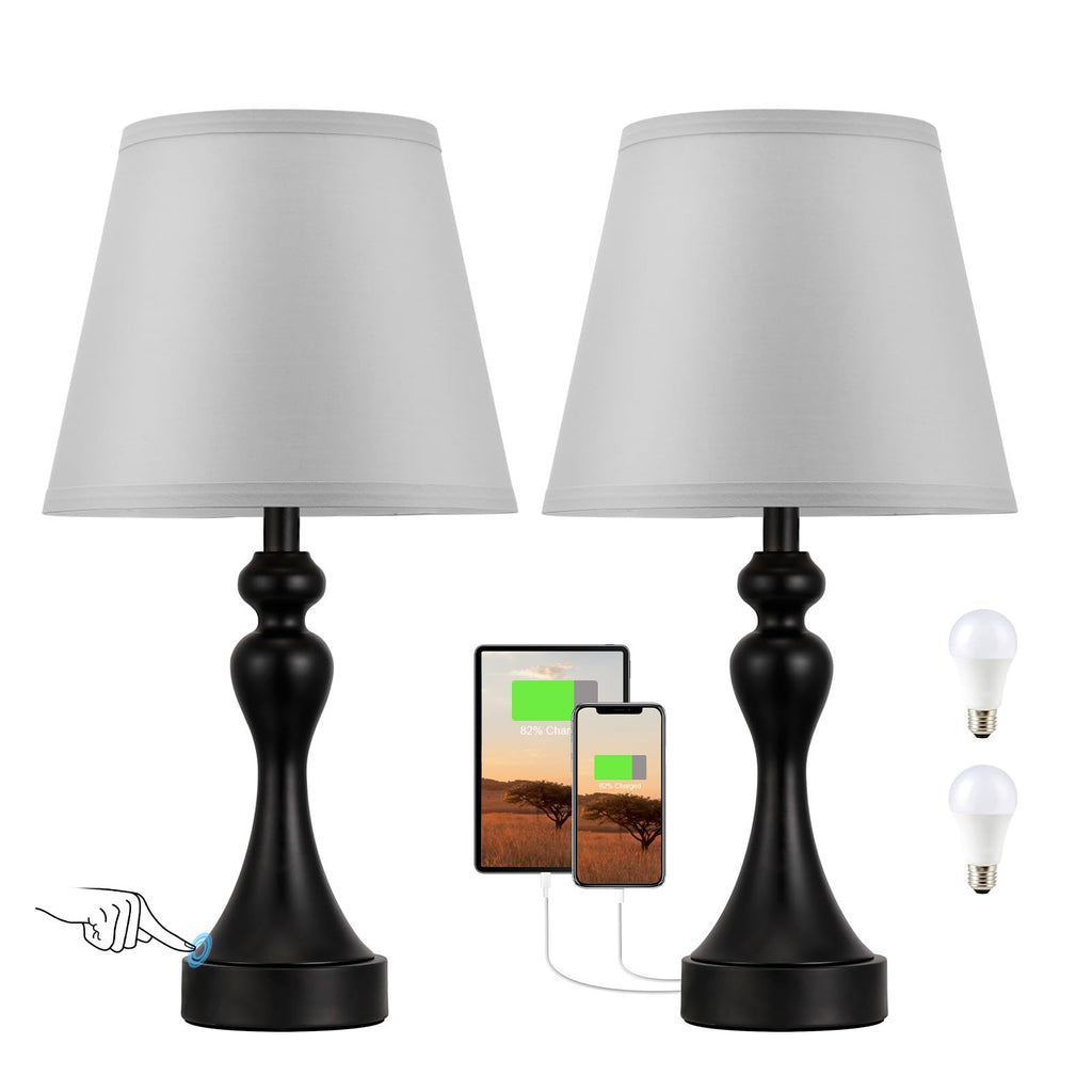 Touch Lamps for Nightstand, 3 Way Dimmable Bedside Lamps with USB C+A Ports