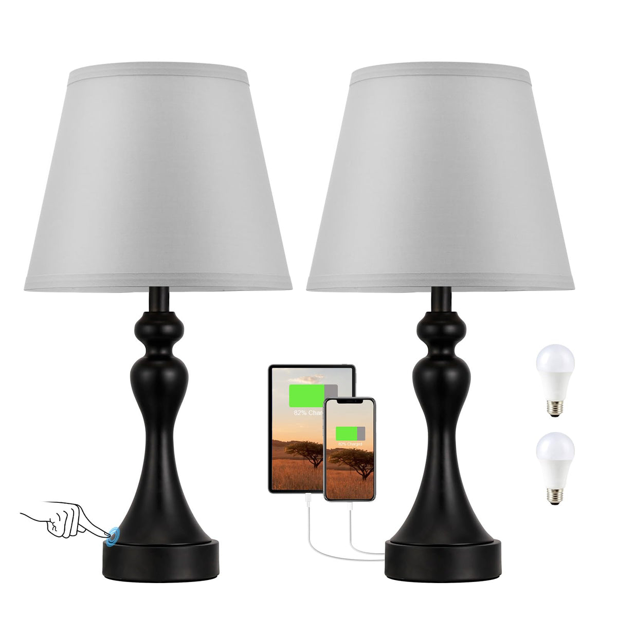 Touch Lamps for Nightstand, 3 Way Dimmable Bedside Lamps with USB C+A Ports
