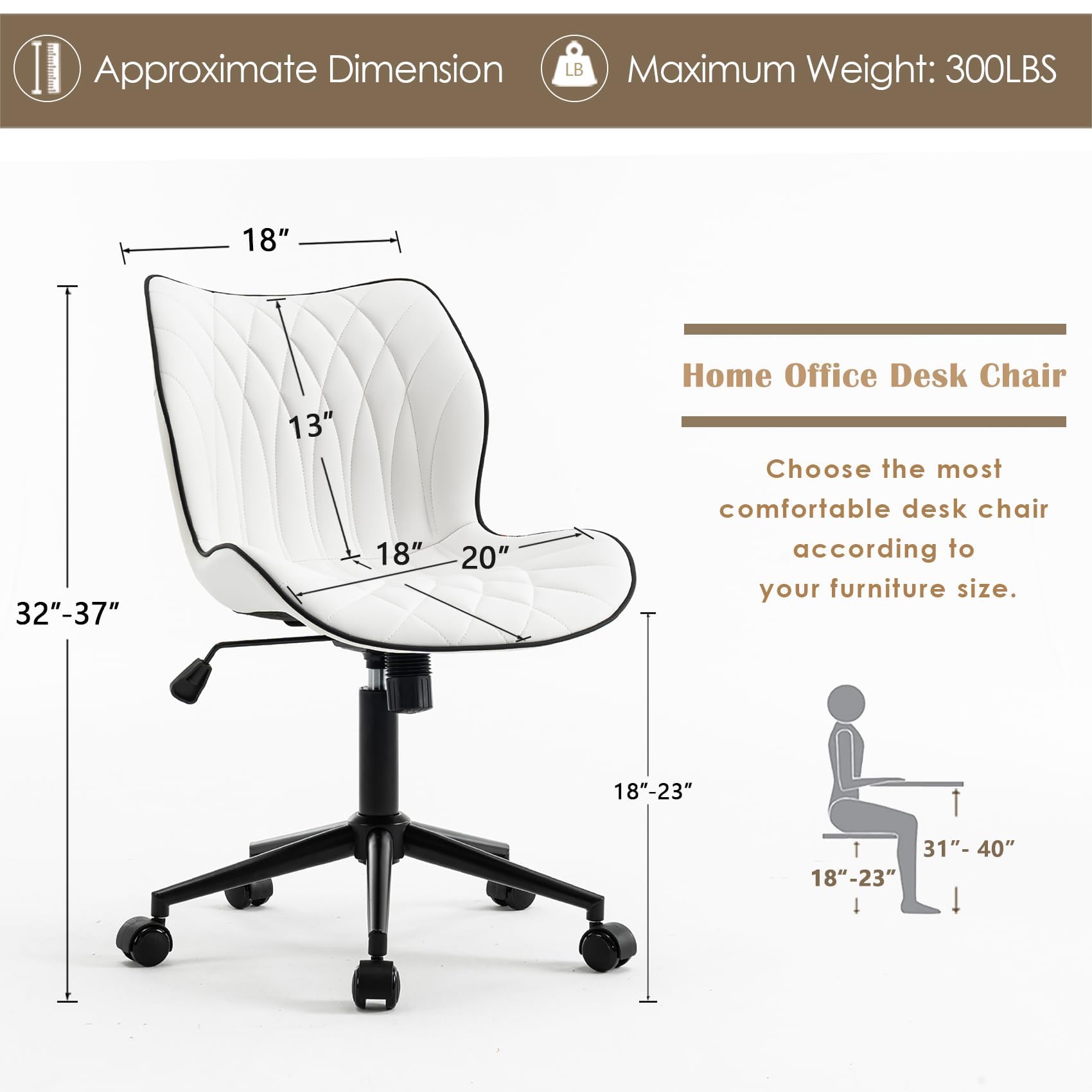 Armless Desk Chair Comfy Office Chair with Wheels Home Ergonomic Task Chair Adjustable Computer Chairs Modern Faux Leather Swivel Chair Upholstered Makeup Vanity Chair with Back(White)