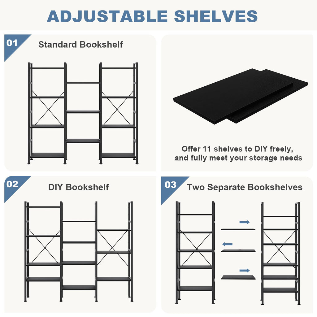 Triple Column 4 Tier Bookshelf, Wide Industrial Bookcase, Black
