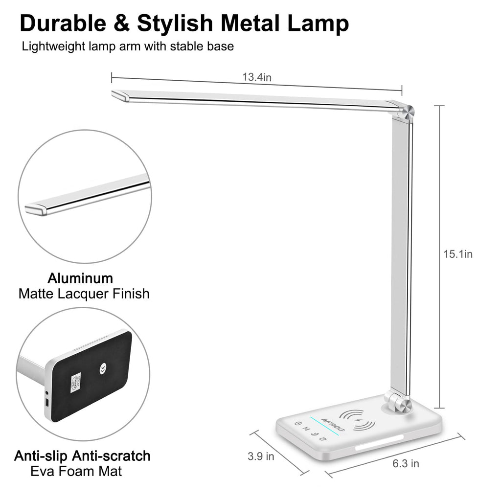 Multifunctional LED Desk Lamp with Wireless Charger, USB Charging Port, 5 Lighting Modes,5 Brightness Levels, Sensitive Control, 30/62 min Auto Timer, Eye-Caring Office Lamp with Adapter