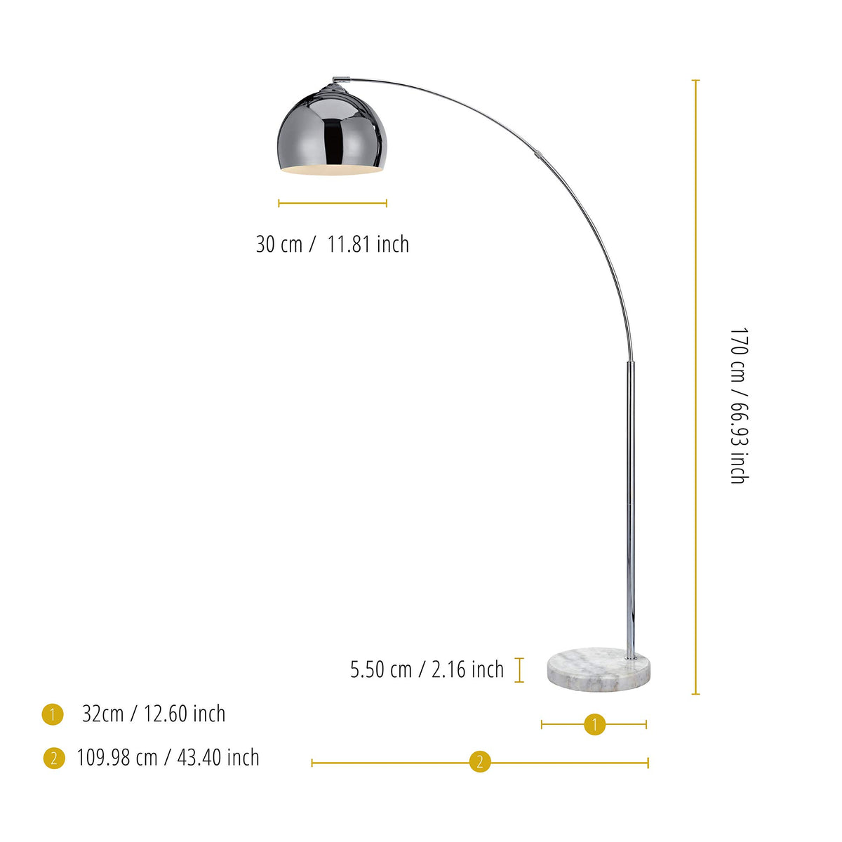 Arquer 68.1" Arc Floor Lamp for Living Rooms, Home Offices, Dining Rooms, Bedrooms with Faux White Marble Base and Chrome Bell Shade