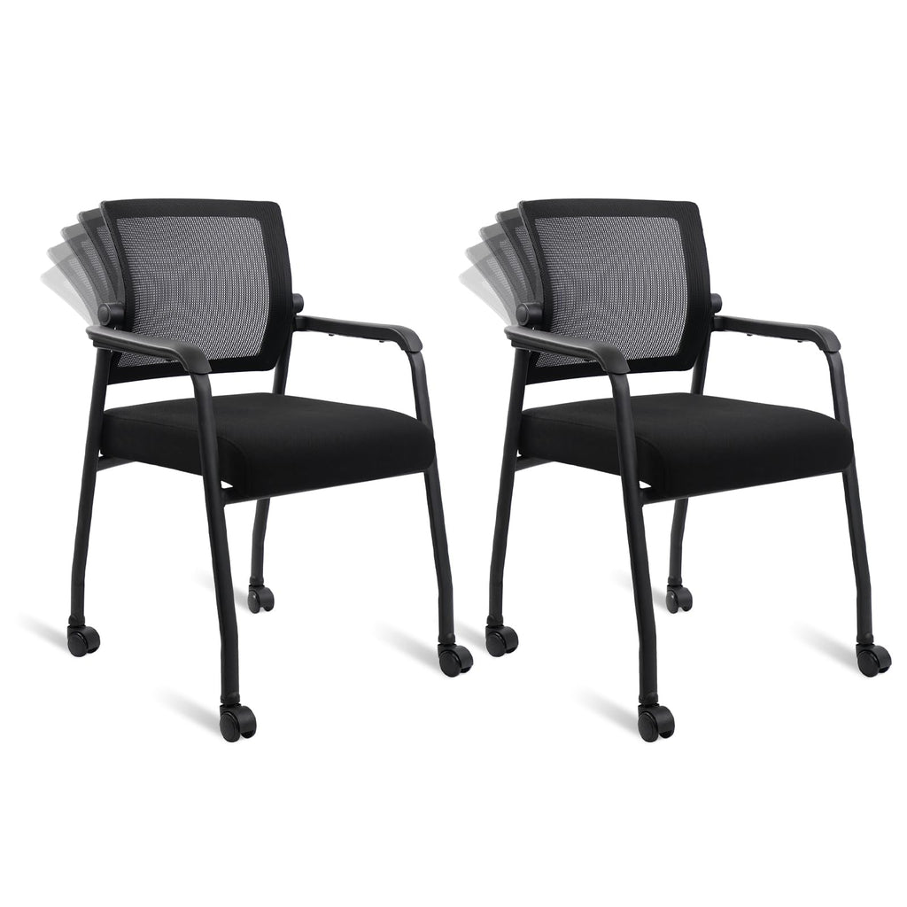 2 Pack Black, Waiting Room Chairs with Wheels, Adjustable Mesh Backrest, Desk Chair with Ergonomic Lumbar Support and Thickened Seats Cushion,