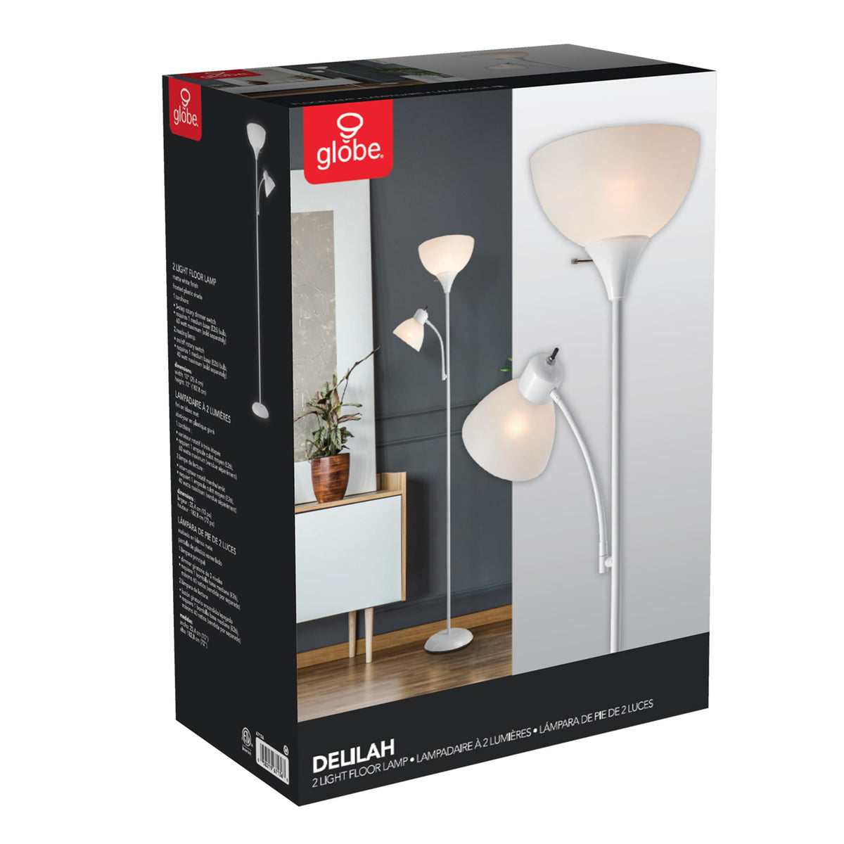 67136 72" Torchiere Floor Lamp with Adjustable Reading Light, Matte White Finish, Frosted Shades, Rotary Switch on Socket, E26 Base