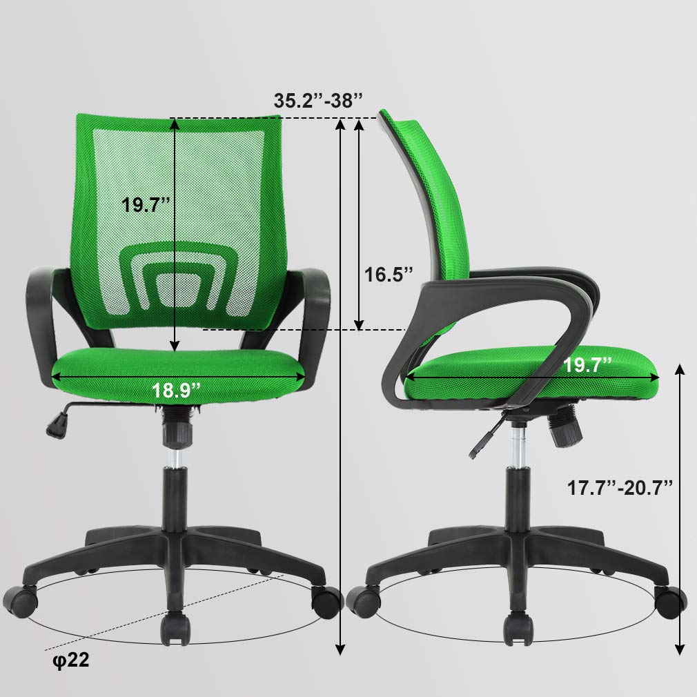 Ergonomic Office Chair | Mid-Back Swivel Desk Chair | Breathable Backrest & Lumbar Support | Adjustable Height | Sponge Seat | Rolling Wheels | Green | for Adults & Women