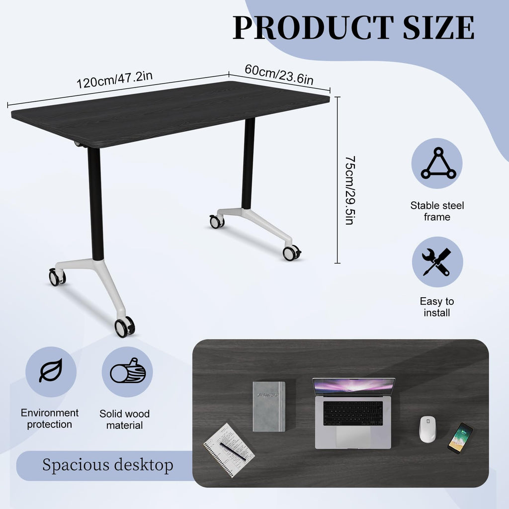 Conference Table, Folding Conference Room Tables, Modern Flip Top Seminar Training Meeting Table with Wheels, Modular Foldable Conference Tables for Home Office Classroom (Black 8 Pack,47.2inch)