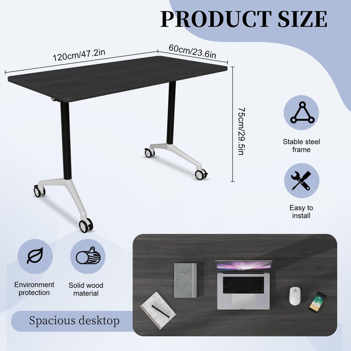 Conference Table, Folding Conference Room Tables, Modern Flip Top Seminar Training Meeting Table with Wheels, Modular Foldable Conference Tables for Home Office Classroom (Black 10 Pack,47.2inch)