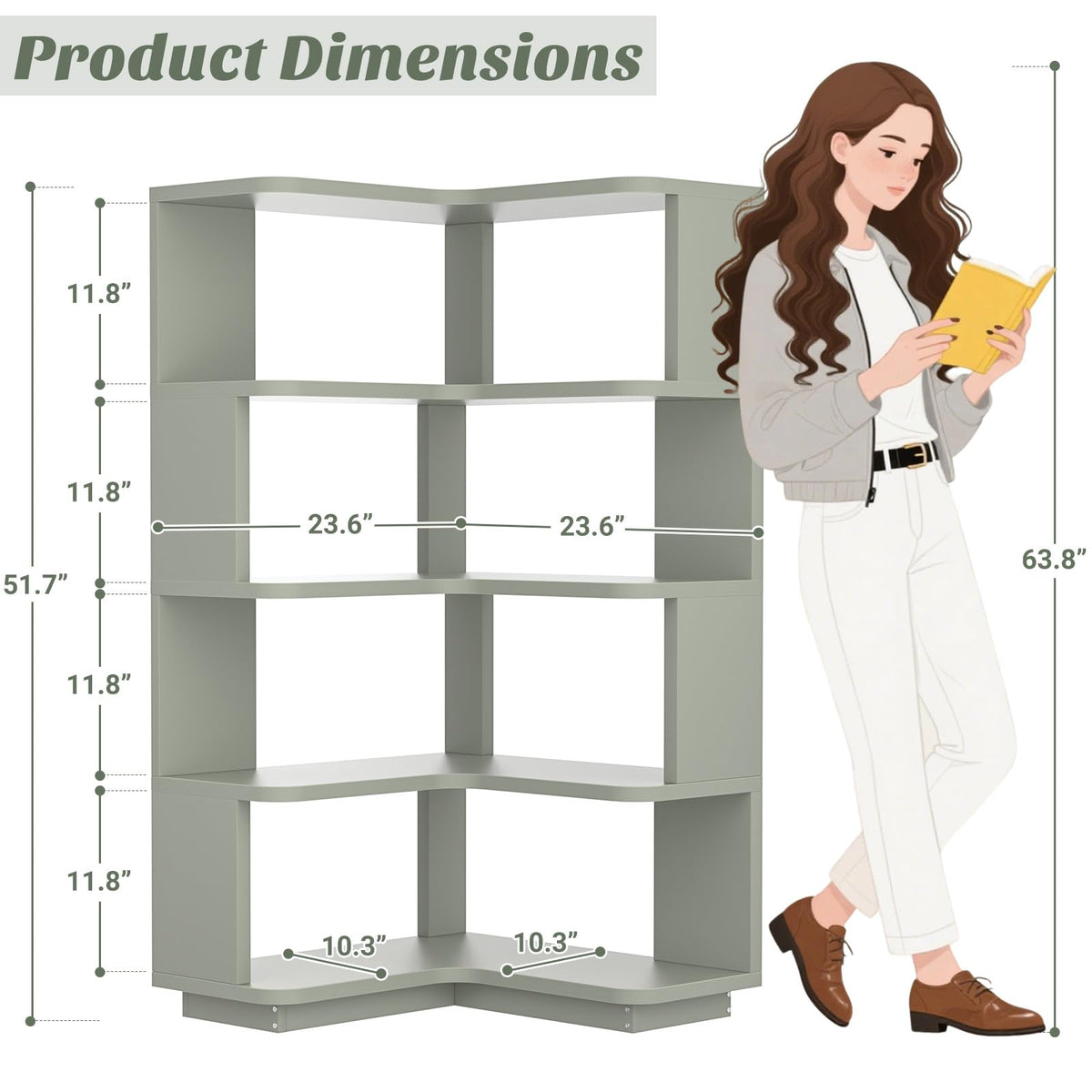 Corner Book Shelf - 5-Shelf L Shaped Corner Bookshelf with Baffle