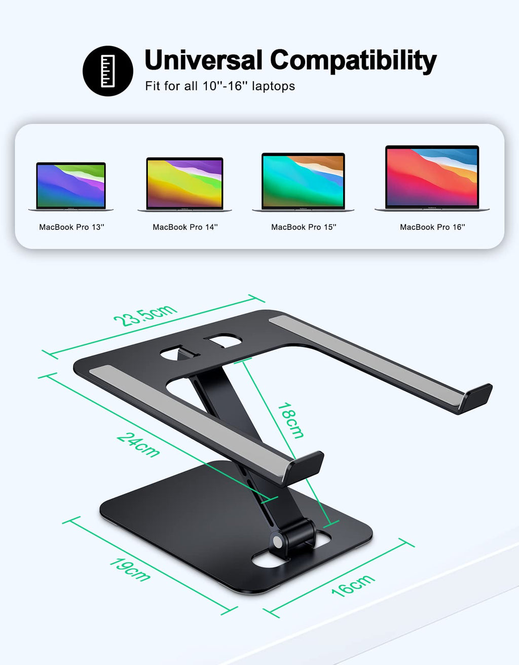 Foldable Aluminum Alloy Laptop Stand for Desk, Height Adjustable Ergonomic Computer Stand, Portable Laptop Riser Holder Printer Stand Compatible with MacBook Pro Air/HP/Dell 10-16", Black