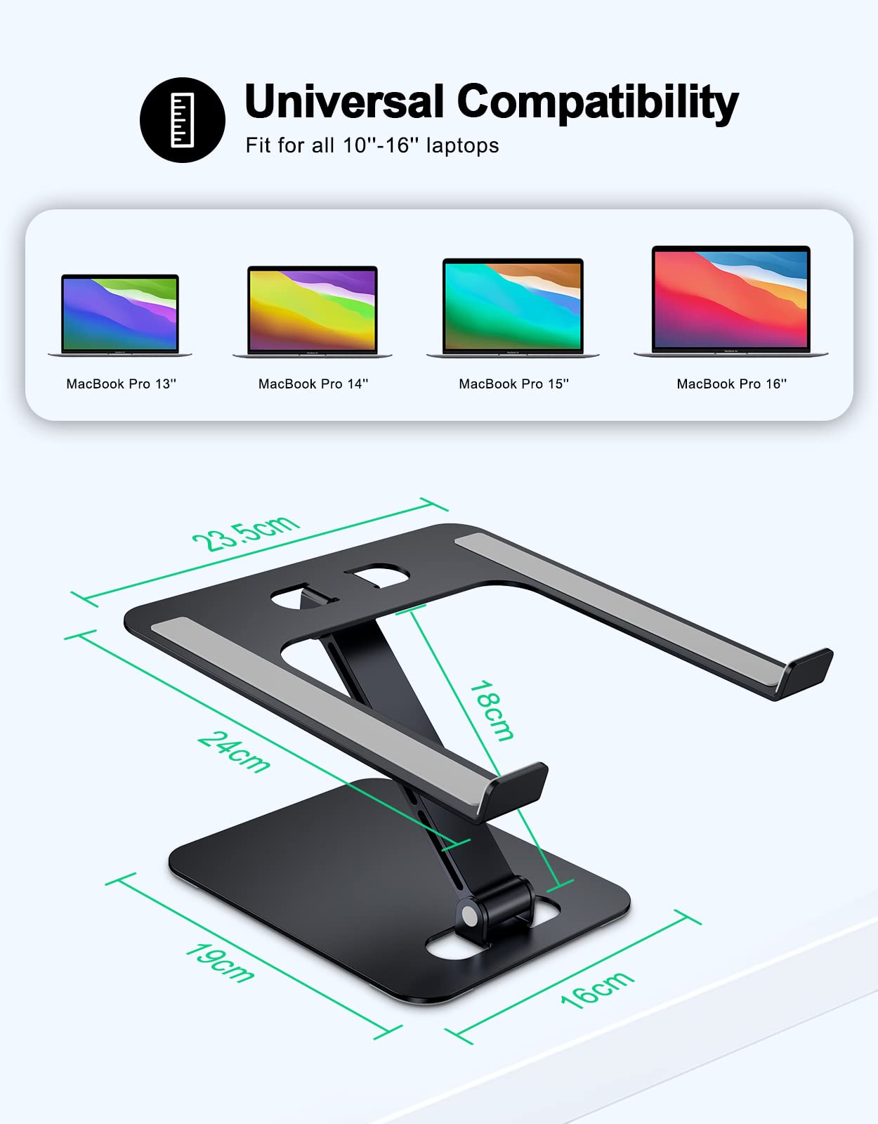Foldable Aluminum Alloy Laptop Stand for Desk, Height Adjustable Ergonomic Computer Stand, Portable Laptop Riser Holder Printer Stand Compatible with MacBook Pro Air/HP/Dell 10-16", Black
