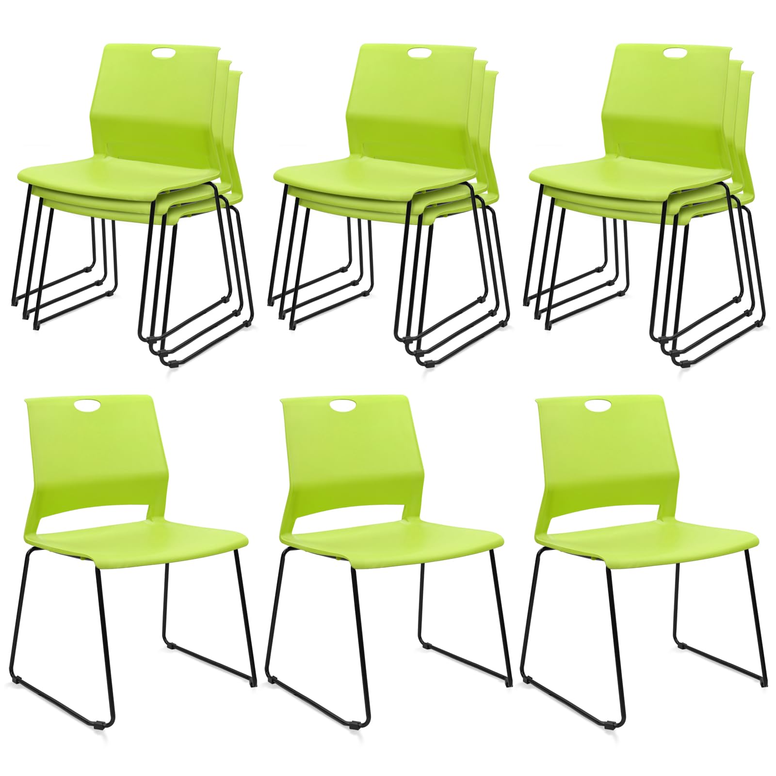 Set of 12, Stackable Guest Reception Chairs, Stacking Office Chair with Ergonomic Lumbar Support & Metal Legs, Plastic Desk Chairs for Conference School Church Waiting Meeting Break Room Set of 12, Green