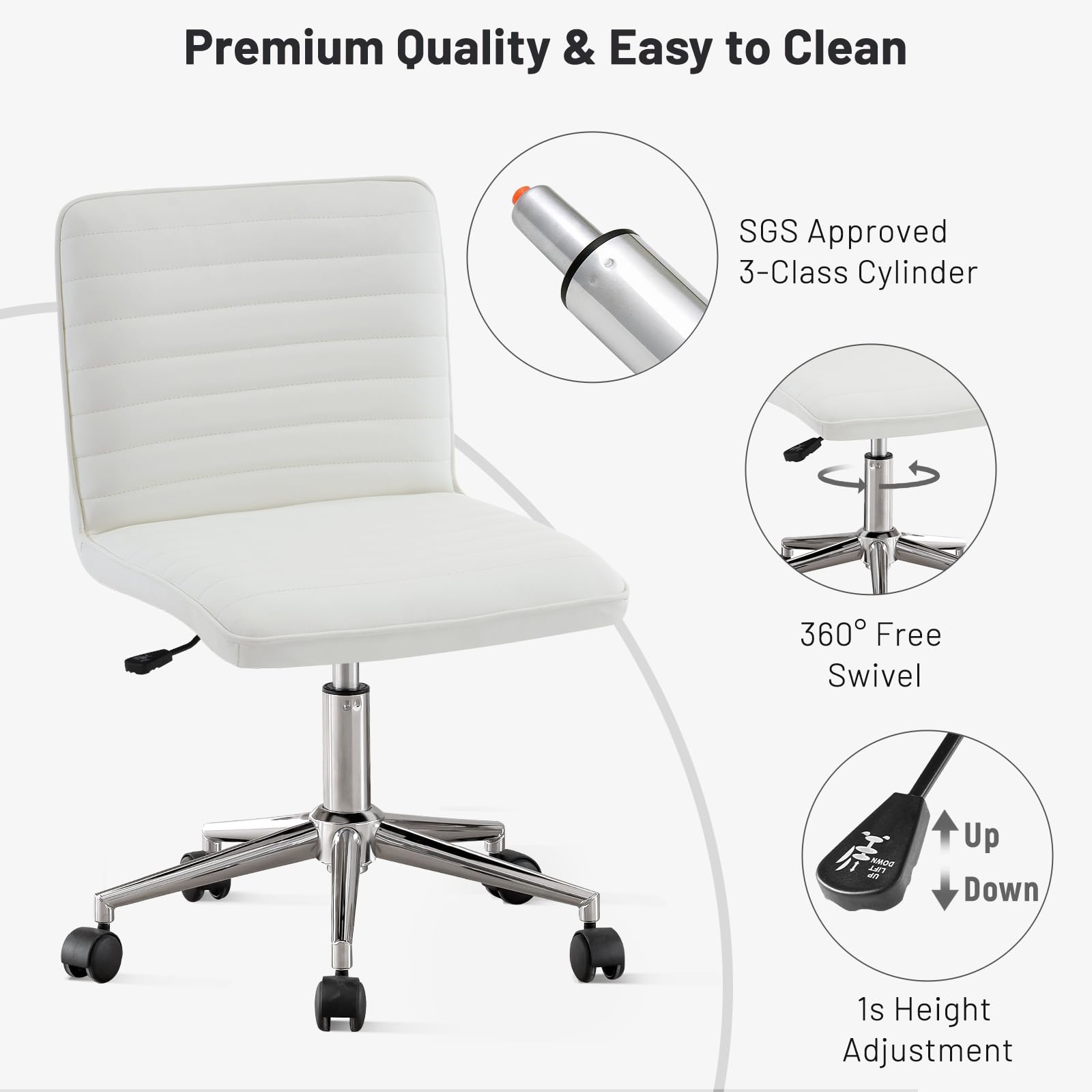 PU Leather Armless Office Chair - 360° Swivel Computer Desk Chair with Adjustable Height & Comfy Chrome Legs, Ivory White - Perfect for Home Office, Bedroom, Living Room & Vanity, Ivory White
