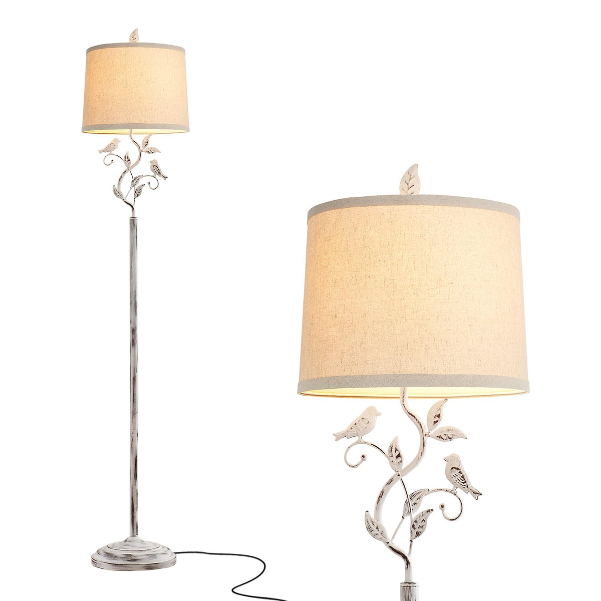 63" Vintage White Bird and Leaf Floor Lamp for Living Room