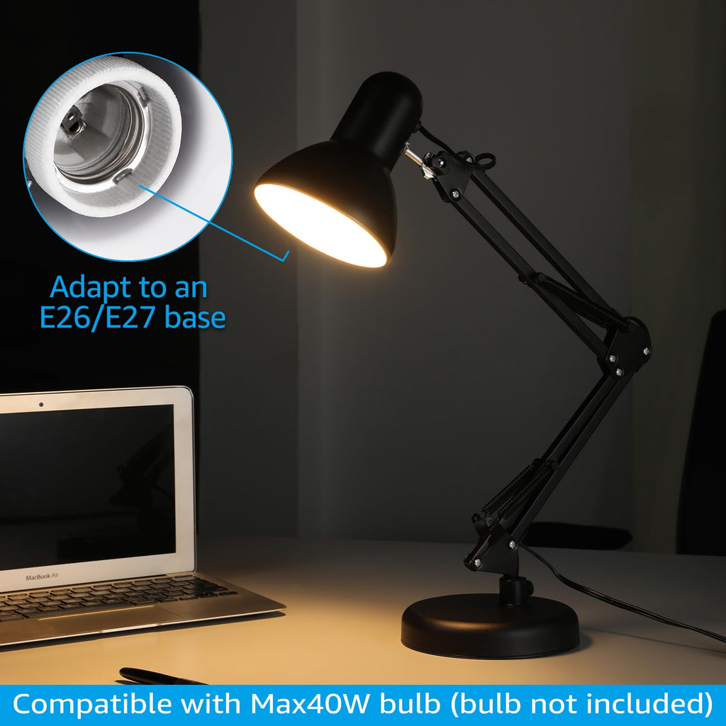 Metal Desk Lamp with Clamp, Swing Arm, Architect Adjustable Gooseneck Table Lamp, Clip Desk Lights for Home Office, Work, Study, Reading, E26 Base, Multi-Joint, Black