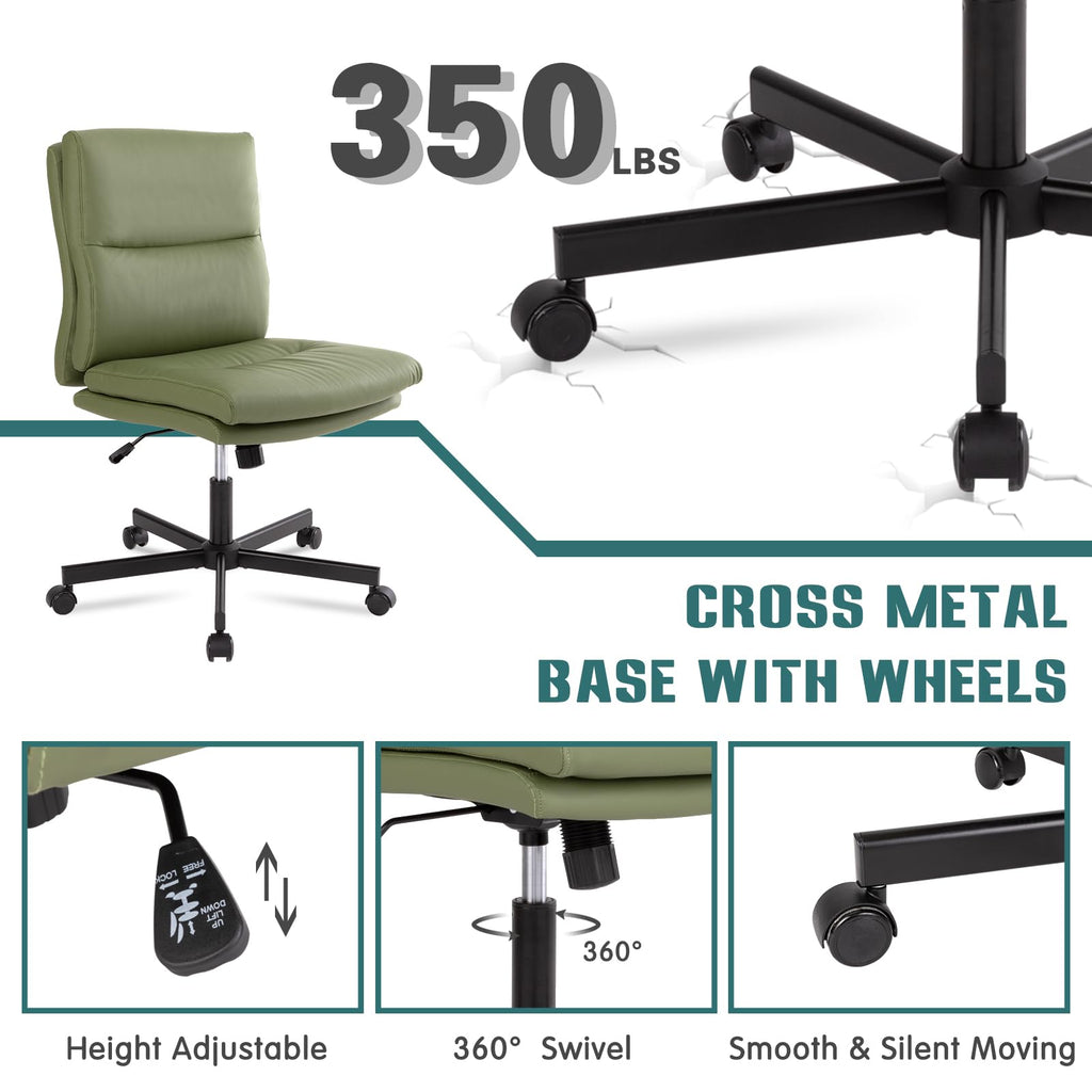 Armless Office Desk Chair with Wheels, Mid-Back Criss Cross Swivel Task Chair, Height Adjustable Cushioned Vanity Chair, Double Padded PU-Leather Chairs for Home, Office & Bedroom (Green)