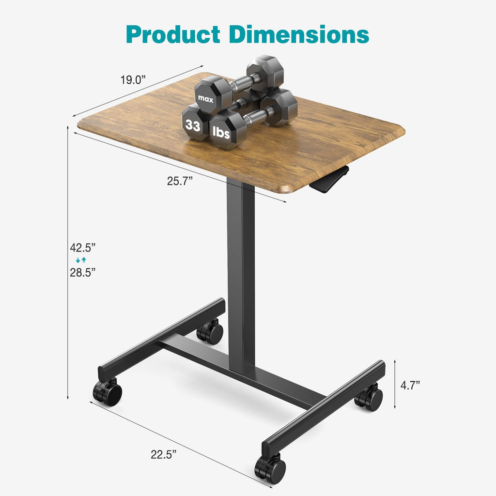 Small Standing Desk Mobile Portable Rolling Laptop PC Table on Wheels Adjustable Height Computer Workstation for Home Office, 19 Inch, Modern Brown