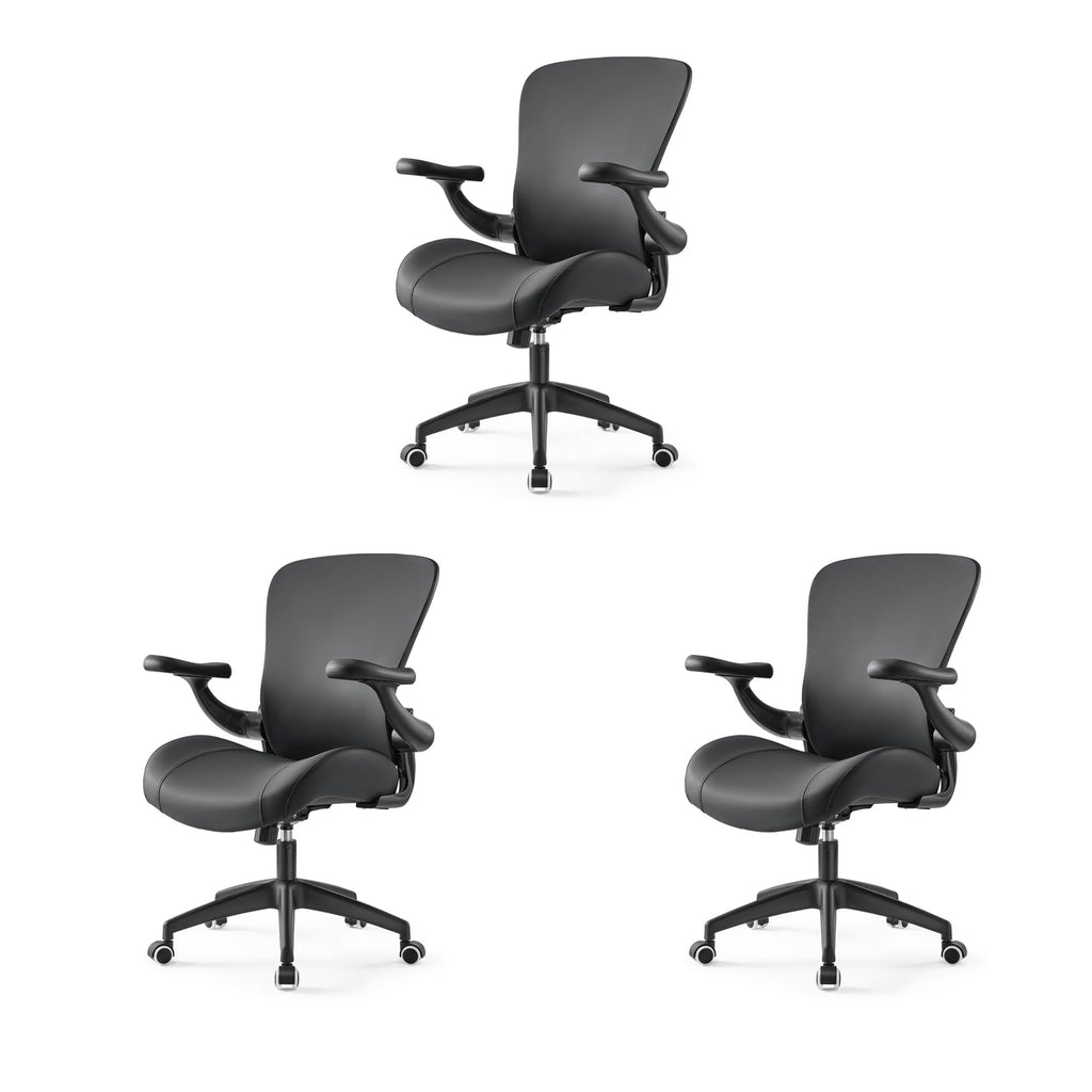 (Pack of 3, Black) Executive Office Chair, Thick Padded PU Leather Desk Chair with Adjustable Lumbar Support and 3D Armrests, Easy-Clean for Home Office and Study Room